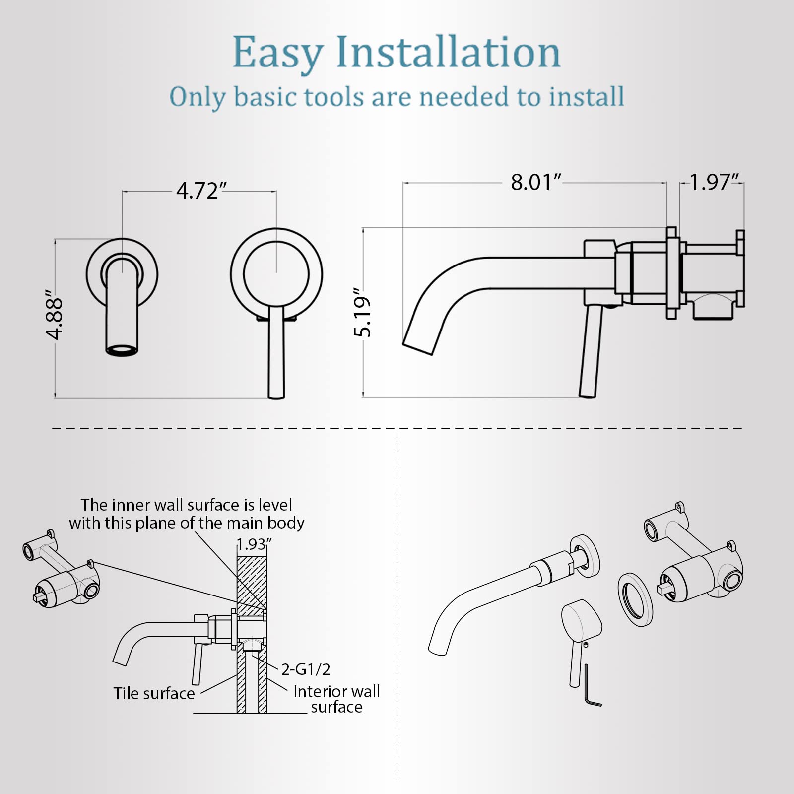 HMEGAO Brushed Gold Wall Mount Bathroom Faucet - Single Handle Sink Faucet with Rough-in Valve - Perfect for Modern Bathroom & Powder Room Renovations