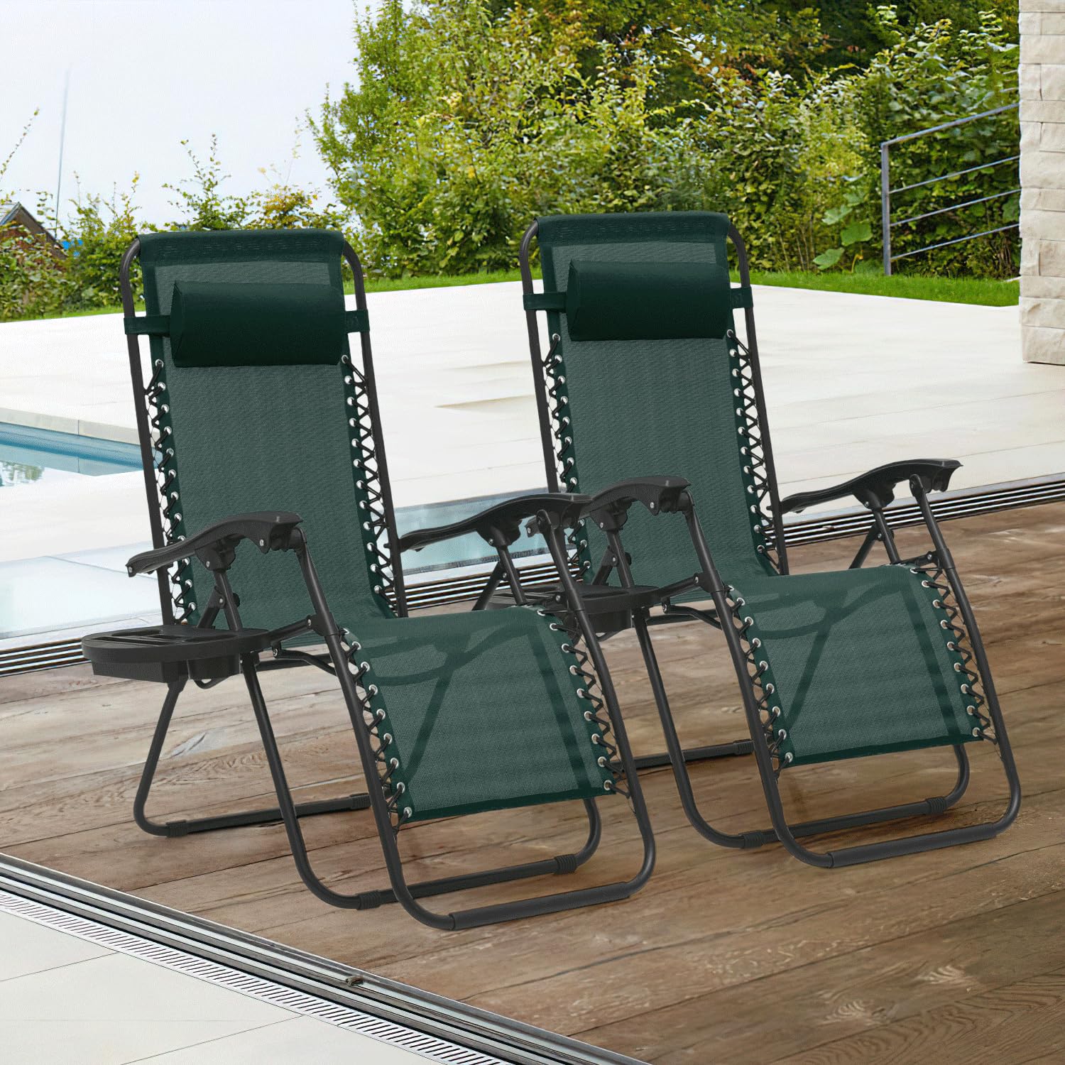 Magshion Zero Gravity Lounge Chairs Set of 2 - Adjustable Outdoor Patio Recliners with Side Tray & Pillow Headrest - Foldable Anti-Gravity Chairs for Backyard, Poolside, Camping, Beach - Green (Perfect for Relaxing in Garden, Patio or Vacation)