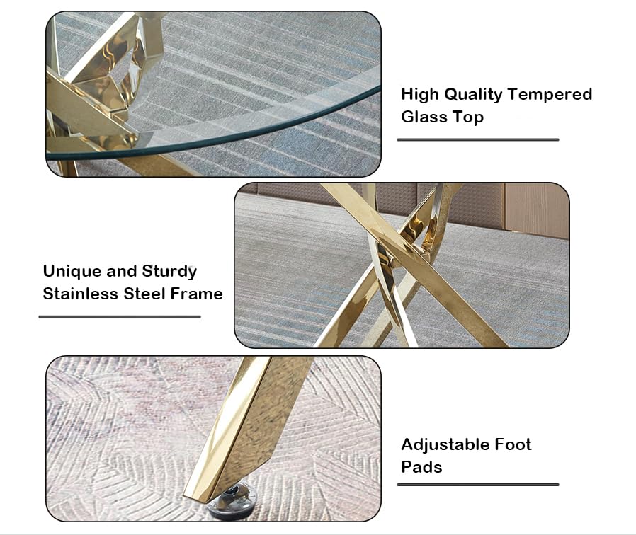 Modern Round Glass Dining Table with Tempered Glass Top & Gold Stainless Steel Base - 36 Inch Kitchen, Office, or Dining Room Table - Perfect for Small Spaces, Breakfast Nooks & Contemporary Home Decor