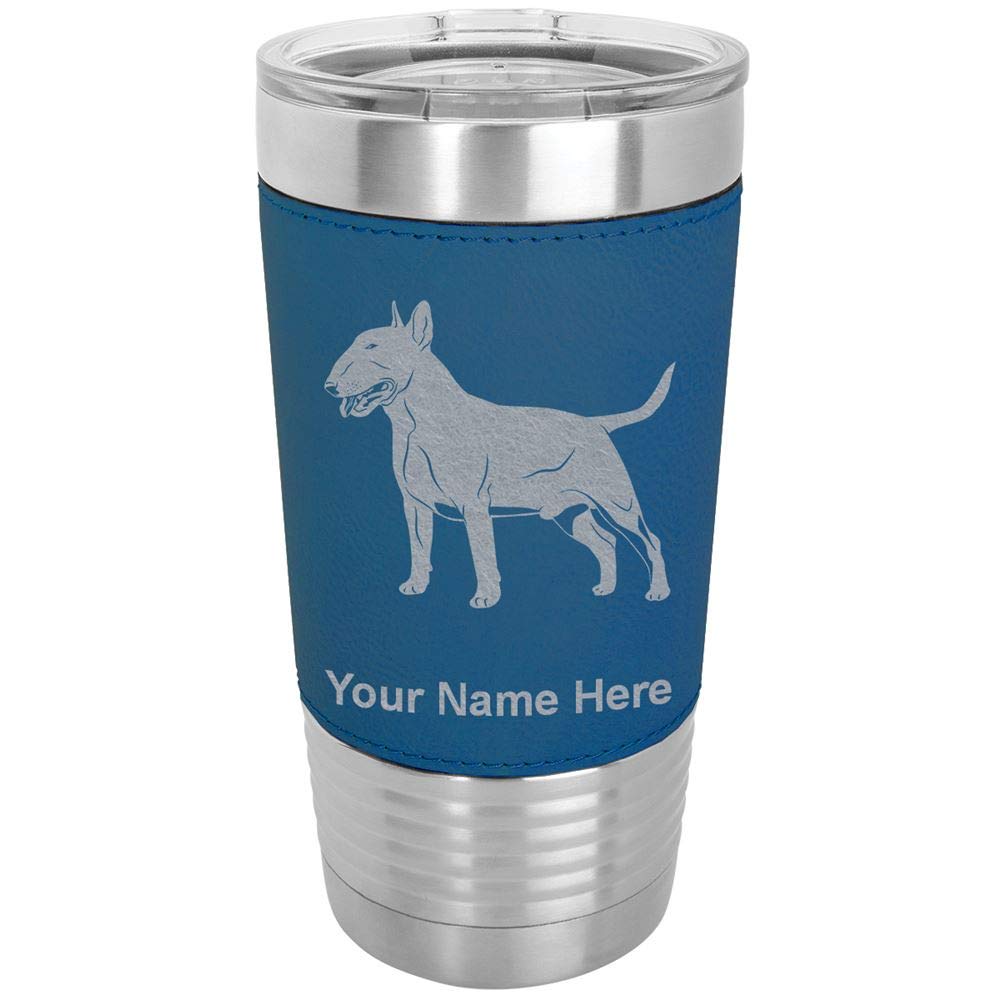 LaserGram 20oz Vacuum Insulated Stainless Steel Tumbler with Leakproof Lid - Custom Engraved Bull Terrier Dog Design, Faux Leather Wrap & Blue Finish - Perfect for Coffee, Tea & Cold Drinks at Home, Office or Travel