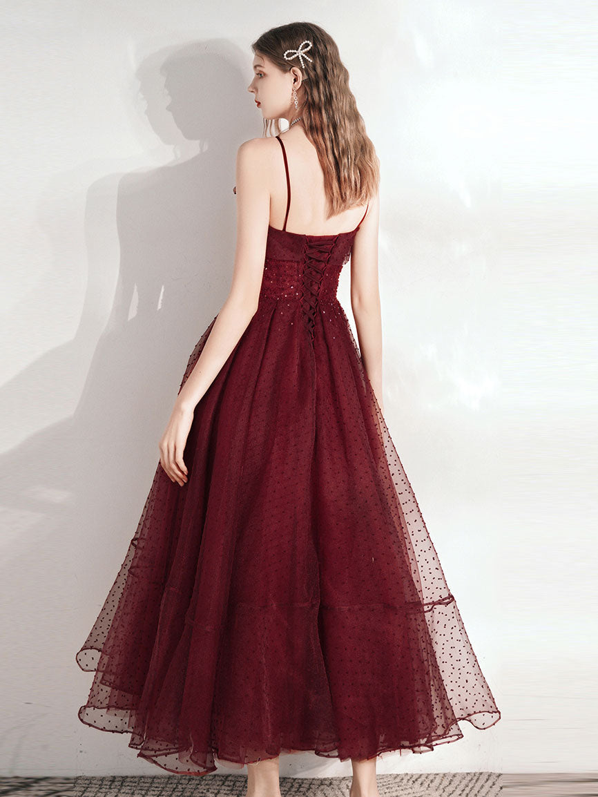 Elegant Aline Tea Length Burgundy Prom Dress | Burgundy Homecoming Gown for Women | Perfect for Formal Dances, Weddings & Special Occasions