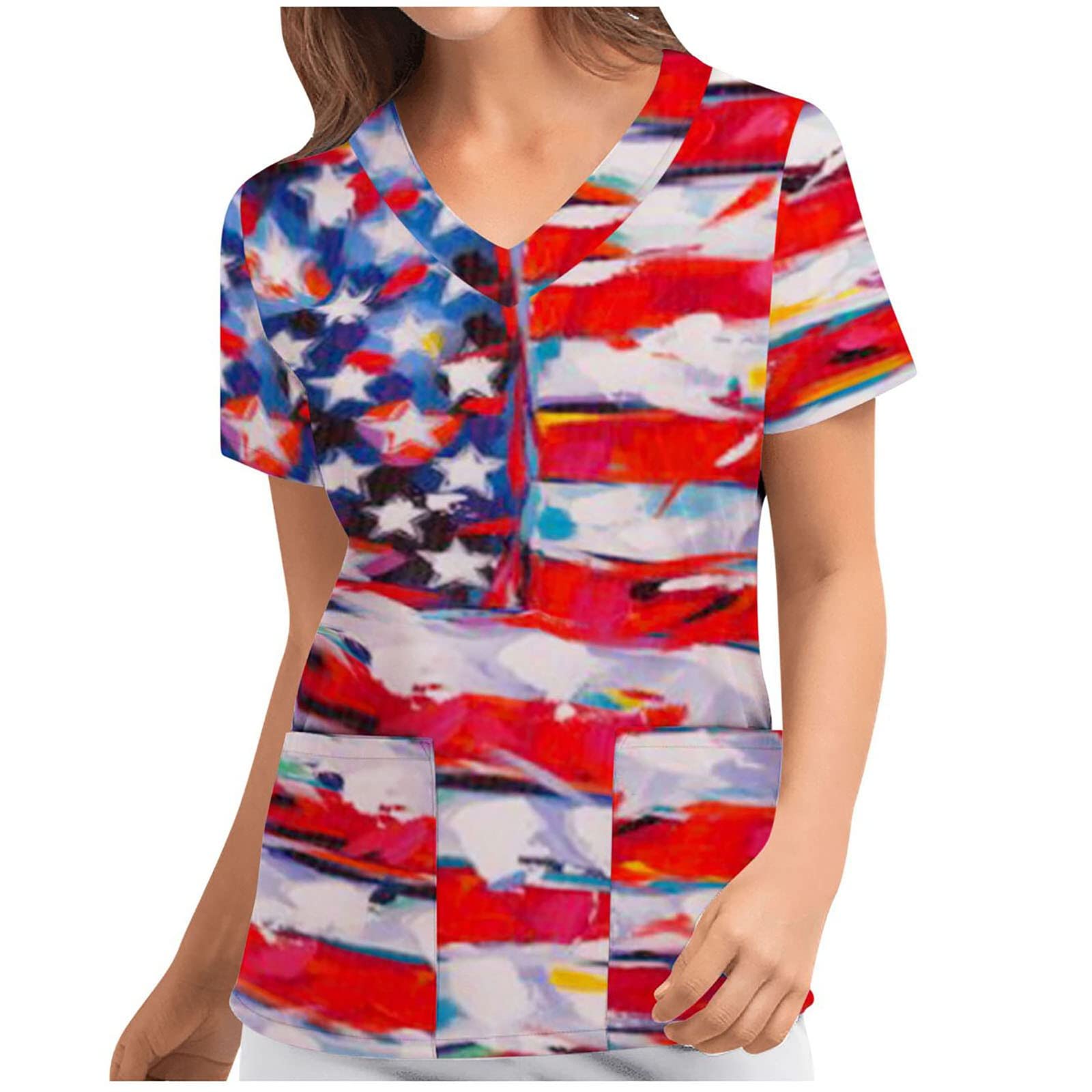 Patriotic USA Flag Graphic T-Shirt for Women - Stylish V-Neck Short Sleeve Summer Top - Perfect for Independence Day, Work Uniform & Casual Wear