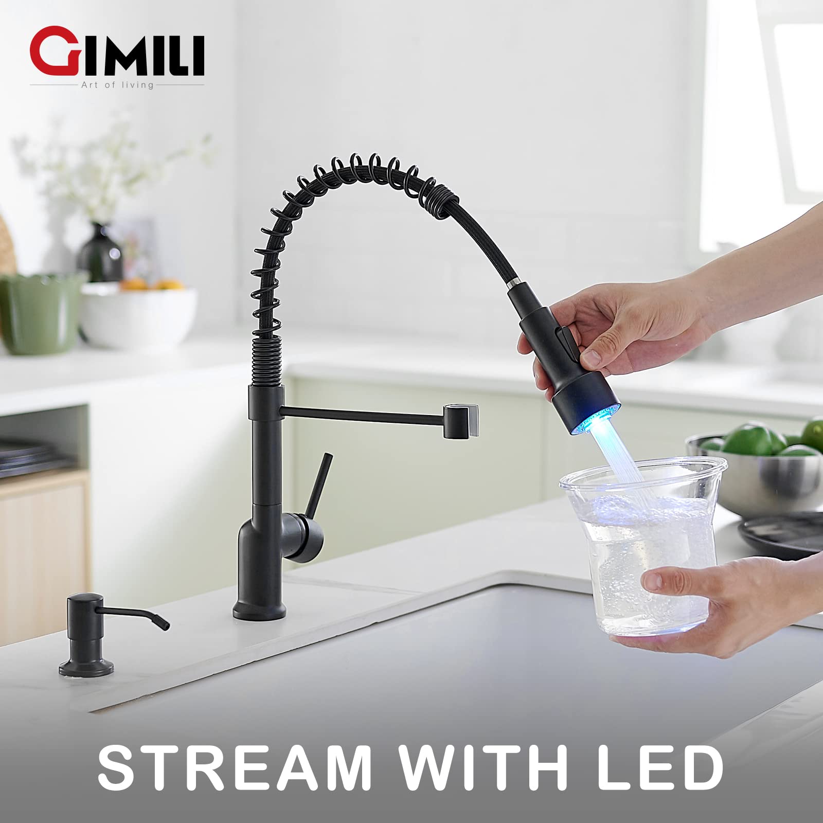 GIMILI Matte Black Kitchen Faucet with Pull Down Sprayer & Soap Dispenser - Single Handle LED Sink Faucet for Modern Kitchens | Perfect for Cooking, Washing Dishes & Food Prep