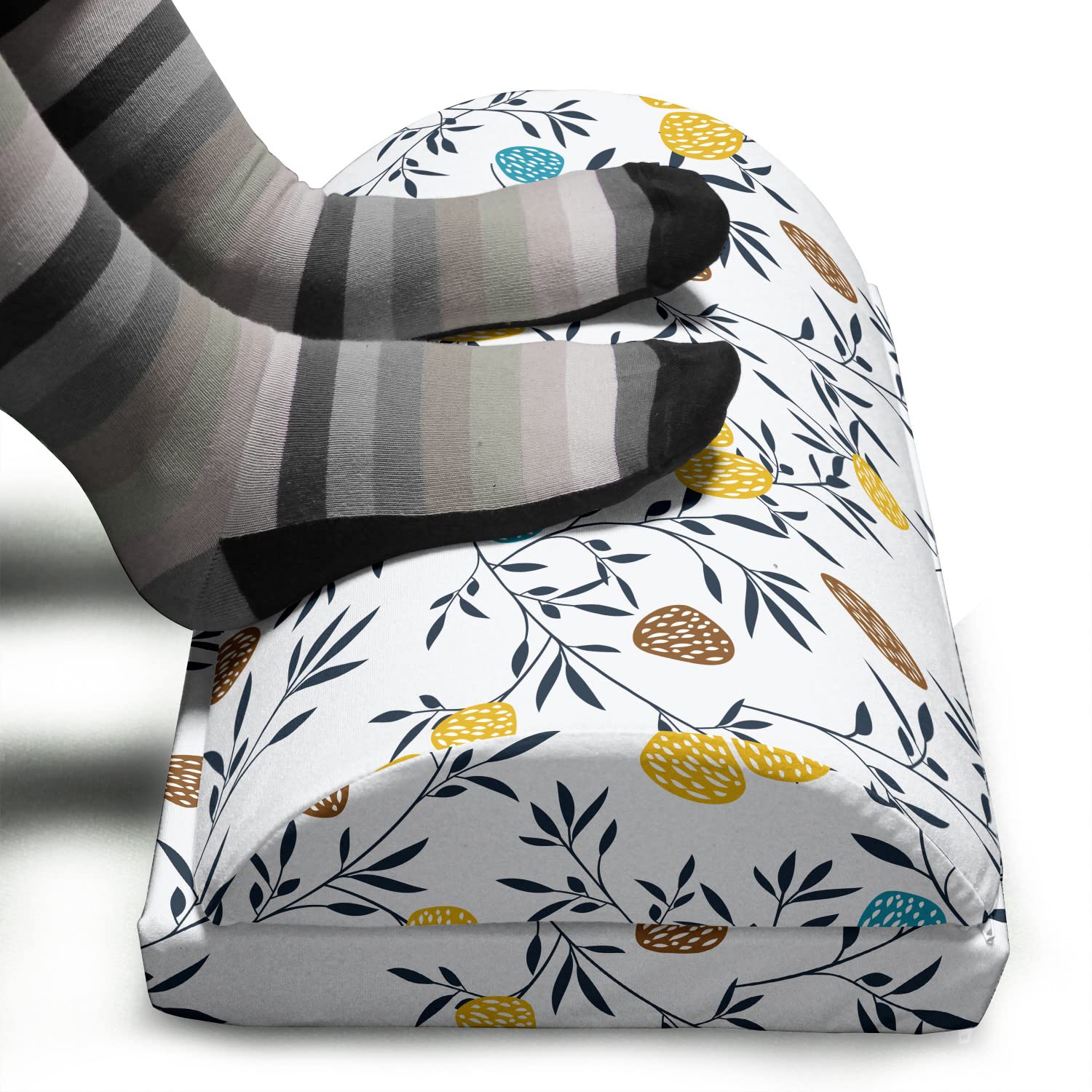 Ambesonne Ergonomic Memory Foam Foot Rest - Adjustable Non-Slip Office Leg Support with Colorful Abstract Botany Design (Dark Blue Leaves on Off-White) - Perfect for Home Office, Gaming Chair, or Reading Nook Comfort