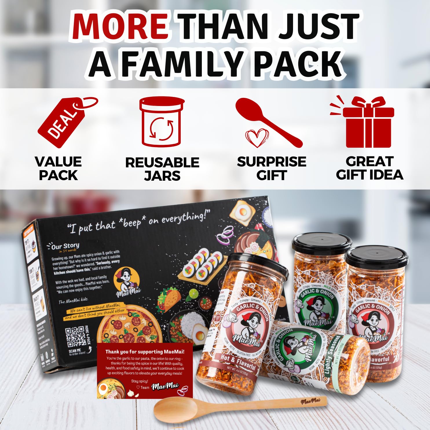 MaeMai 4-PACK Premium Seasoning Box Set - Mild & Medium Spice Crispy Fried Onion & Garlic | All-Purpose Vegan Seasoning for Ramen, Rice, Salads | Perfect Gift for Foodies & Family (Includes Free Gift Inside) - Ideal for Home Cooking, Meal Prep & Gourmet Dishes