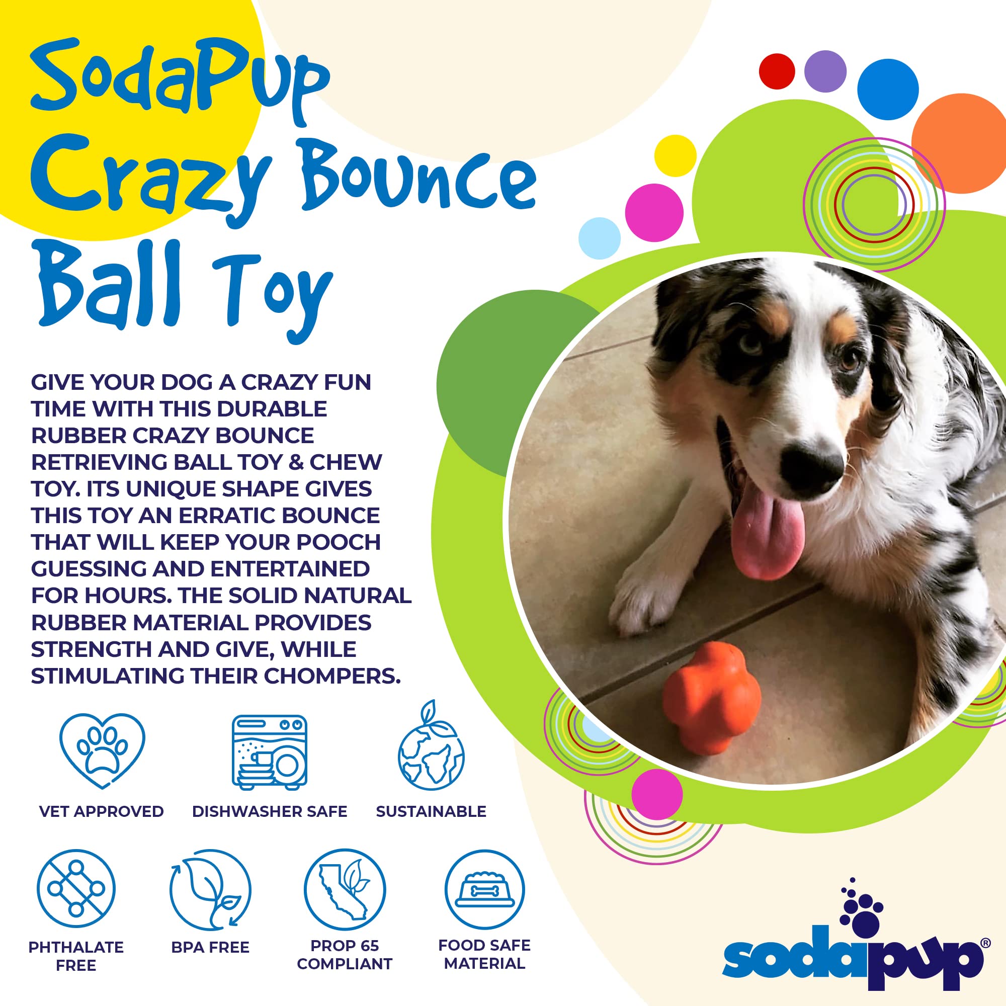 SodaPup Crazy Bounce - Durable Natural Rubber Dog Ball Toy & Chew Toy for Large & Small Dogs | Non-Toxic & Pet-Safe | USA Made | Perfect for Fetch, Training, Teeth Cleaning & Anxiety Relief | Great for Backyard Play & Interactive Bonding Time