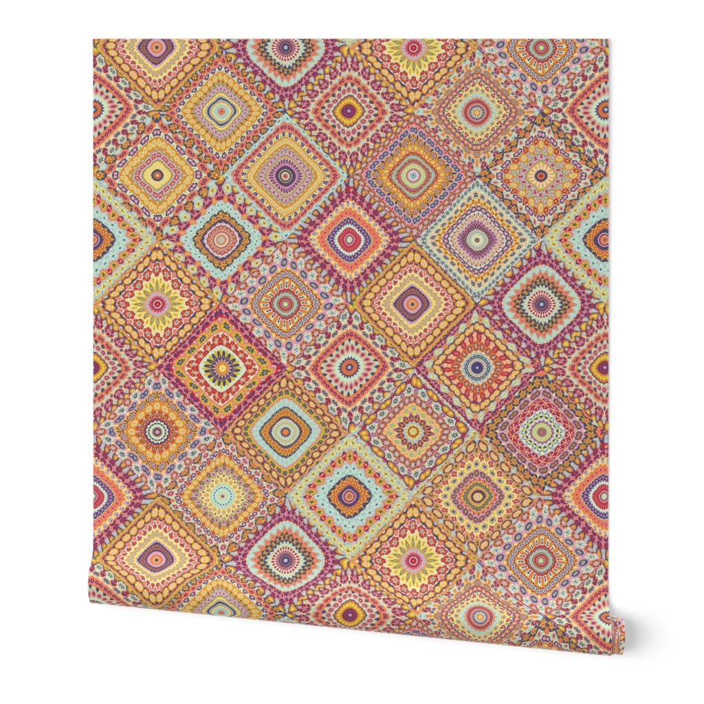 Peel & Stick Removable Wallpaper 9ft x 2ft - Spring Floral Kaleidoscope Boho Design for Bedroom, Living Room & Nursery | Easy DIY Home Decor by Spoonflower