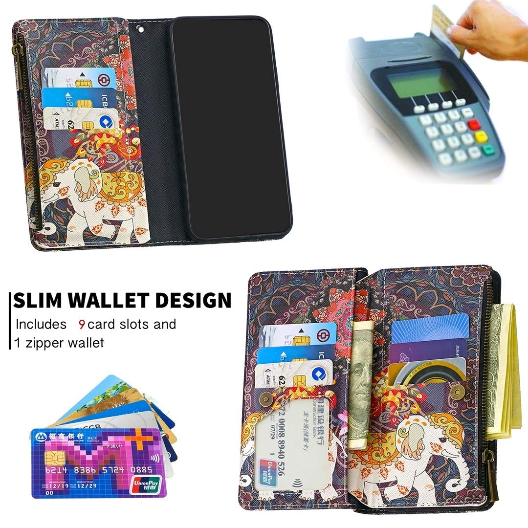 Premium Leather Flip Wallet Case for Xiaomi Redmi 8A - Stylish Zipper Design with Card Slots & Holder (Flower Elephants Pattern) | Perfect for Daily Use, Travel & Business Meetings