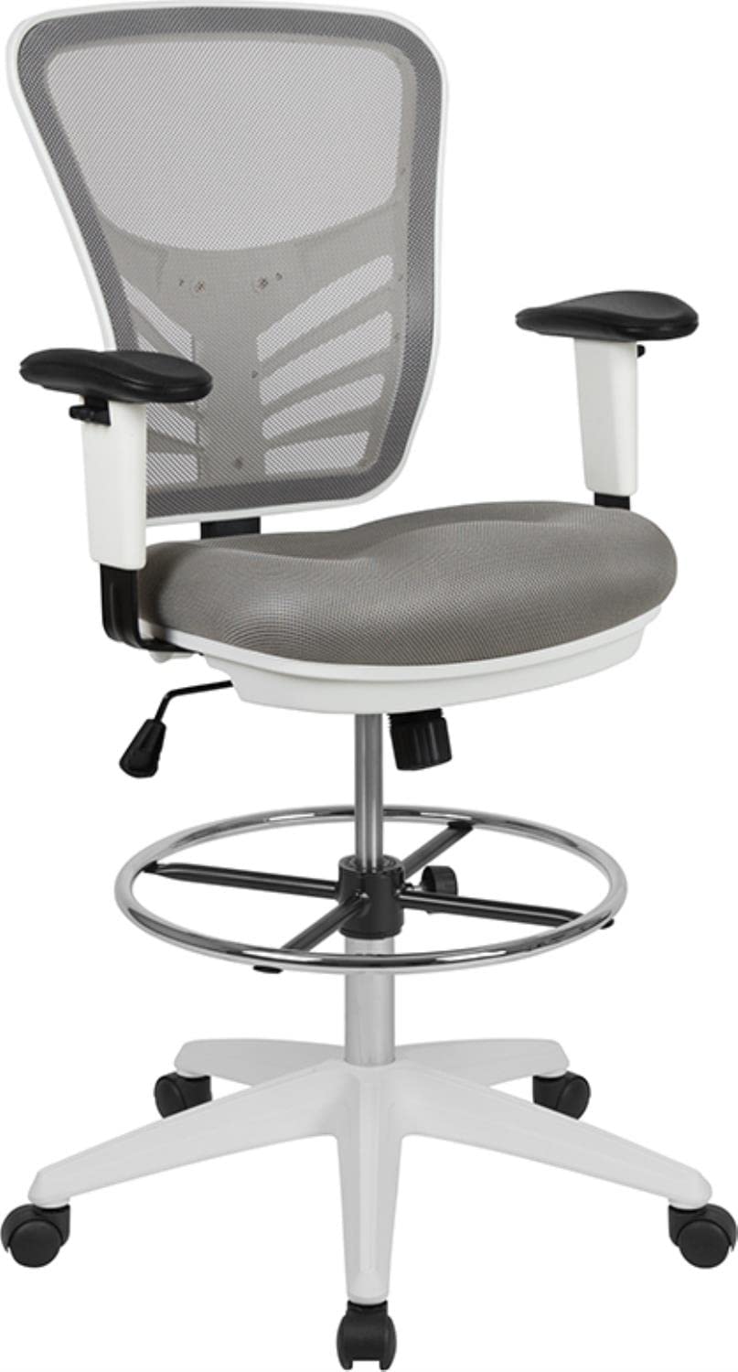 Flash Furniture Tyler Mid-Back Ergonomic Mesh Drafting Chair - Light Gray with Adjustable Arms, Chrome Foot Ring & White Frame - Perfect for Office, Home Studio & Architectural Workstations