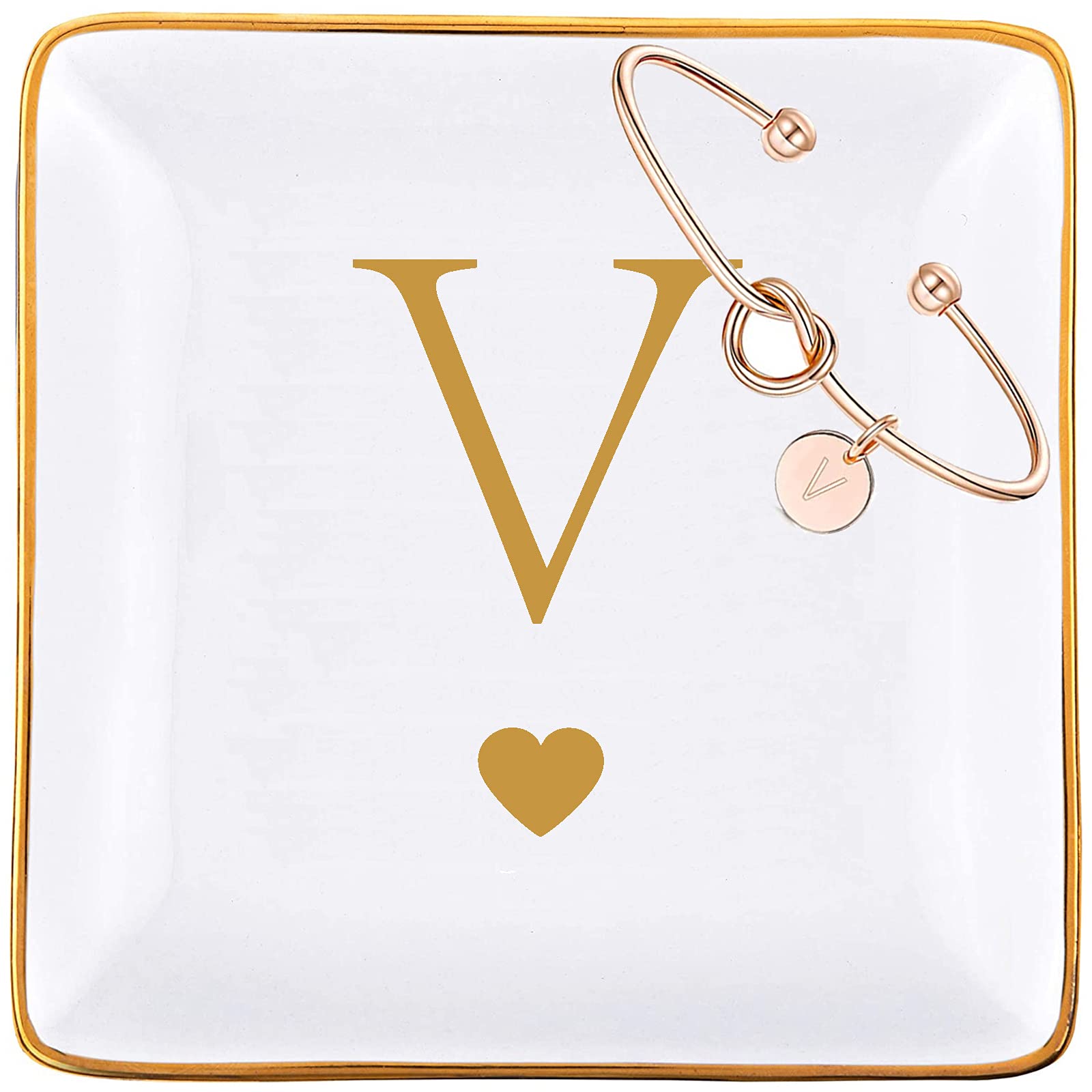 Personalized Ceramic Jewelry Tray & Rose Gold Initial Bracelet Gift Set for Women - Engraved Ring Dish, Key Holder with Monogram (Letter V) - Perfect Birthday, Bridesmaid, Mother's Day Gift for Her, Mom, Grandma, Daughter, Sister & Friends - Elegant Home Decor & Jewelry Organization Solution