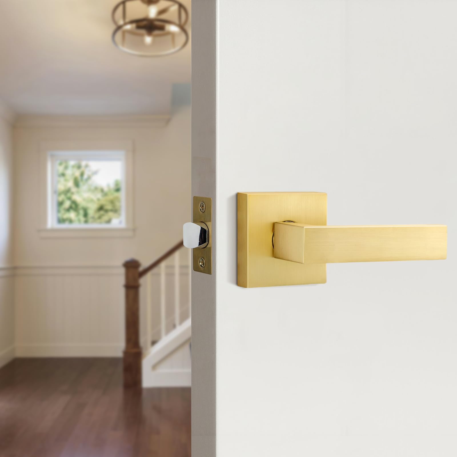 EHOMEWARE 6 Pack Keyless Door Handle Set - Satin Brass Finish Passage Door Lever for Hall, Closet & Interior Doors | Easy Installation for Bedroom, Bathroom & Office Spaces
