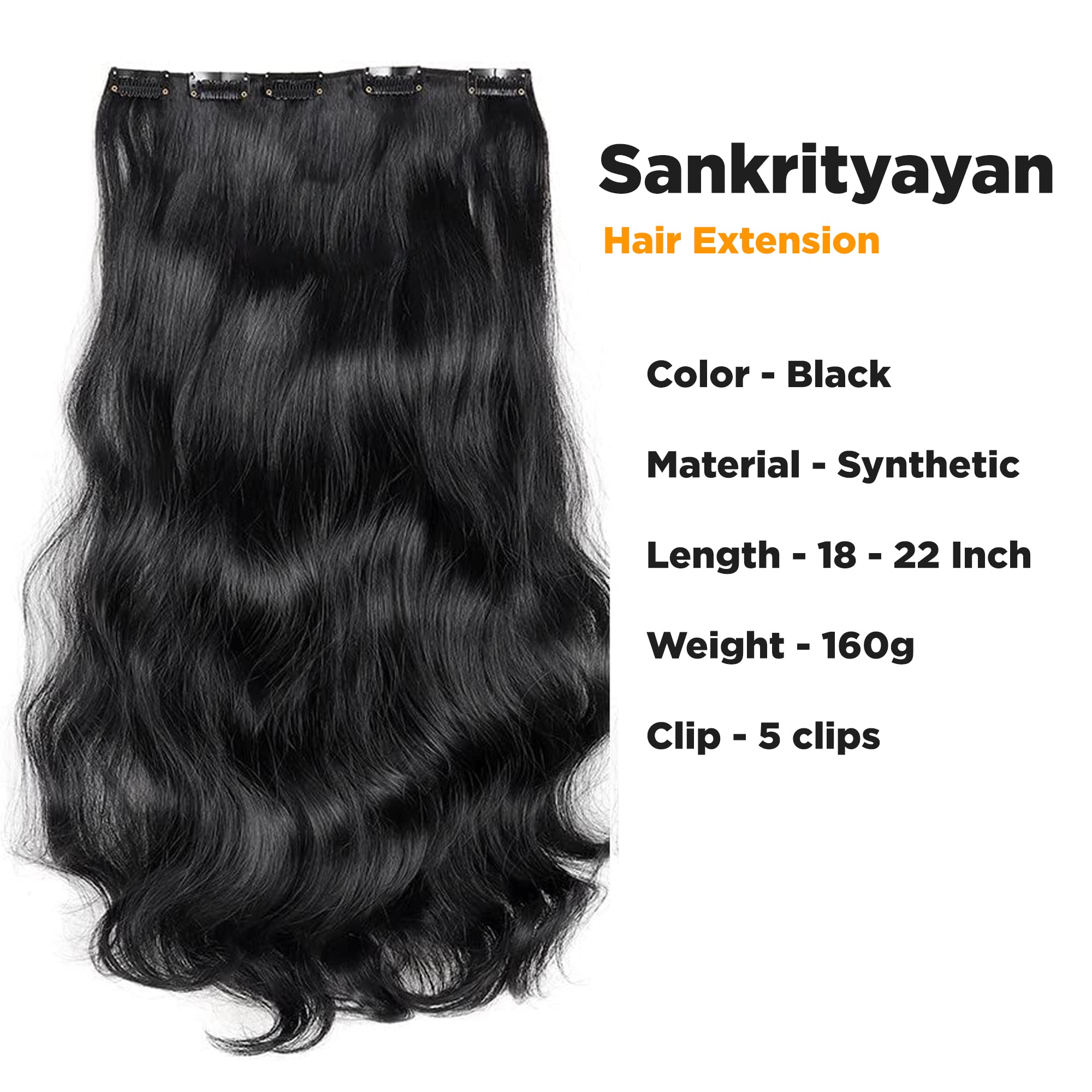 Sankrityayan 18-22 Inch Long Curly Black Thick 5 BB Clip-in Hair Extensions with Double Weft for Women - 1B Curly | Perfect for Parties, Weddings & Daily Styling