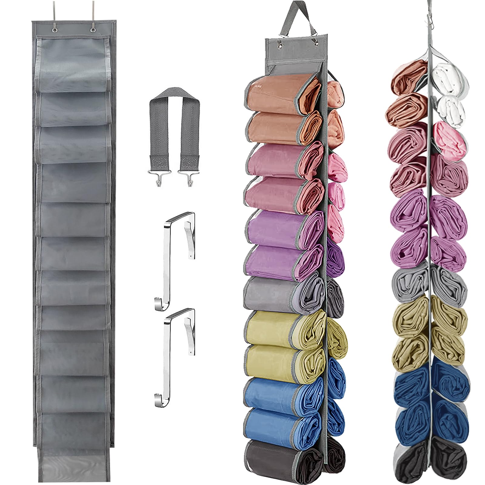 Gray Mesh Hanging Closet Organizer with 24 Compartments - Space Saving T-Shirt & Leggings Storage Solution for Wardrobe Organization | Perfect for Small Closets, Dorm Rooms & Travel Packing