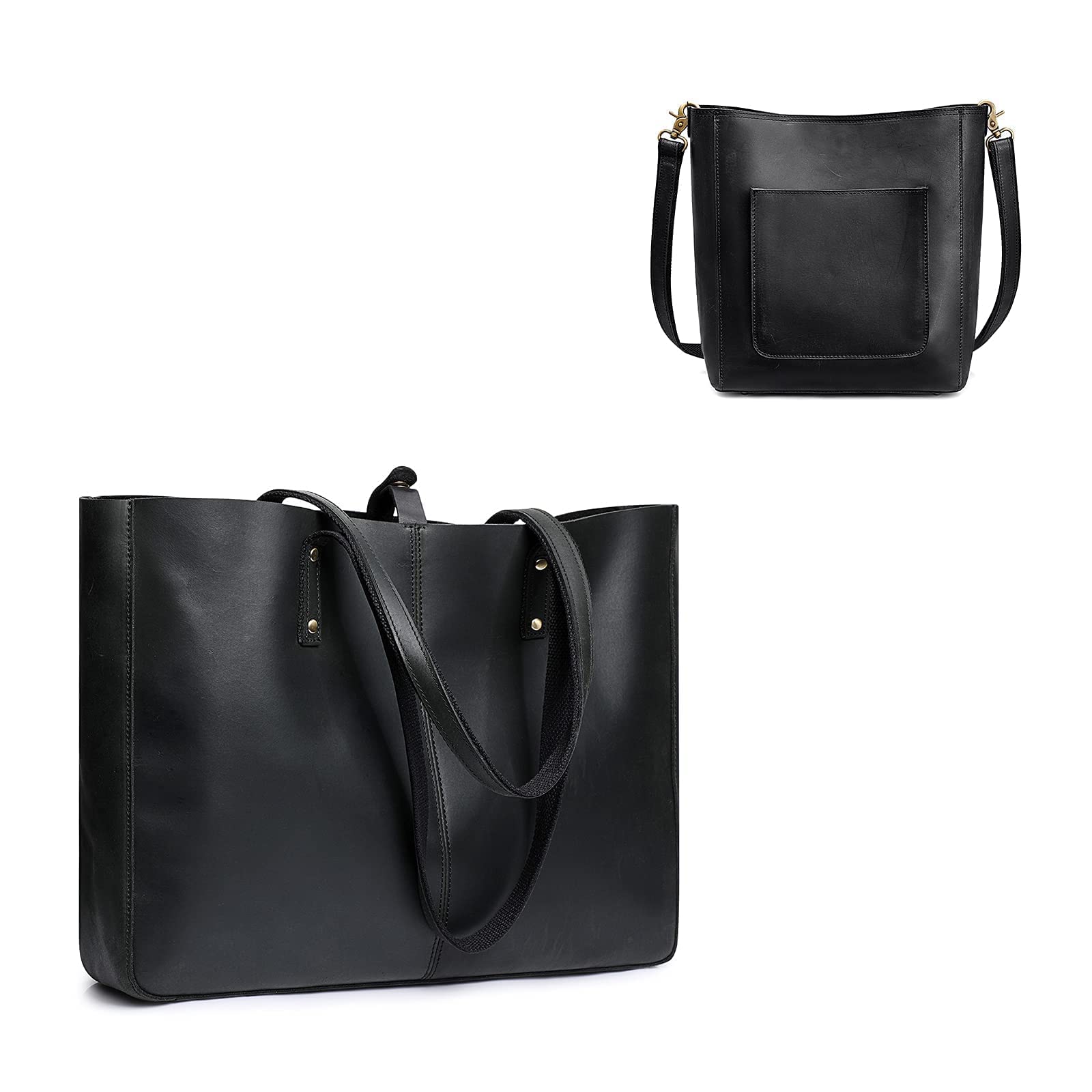 S-ZONE Genuine Leather Tote Bag for Women - Stylish Shoulder Handbag with Matching Crossbody Purse (Black) | Perfect for Work, Travel & Everyday Use