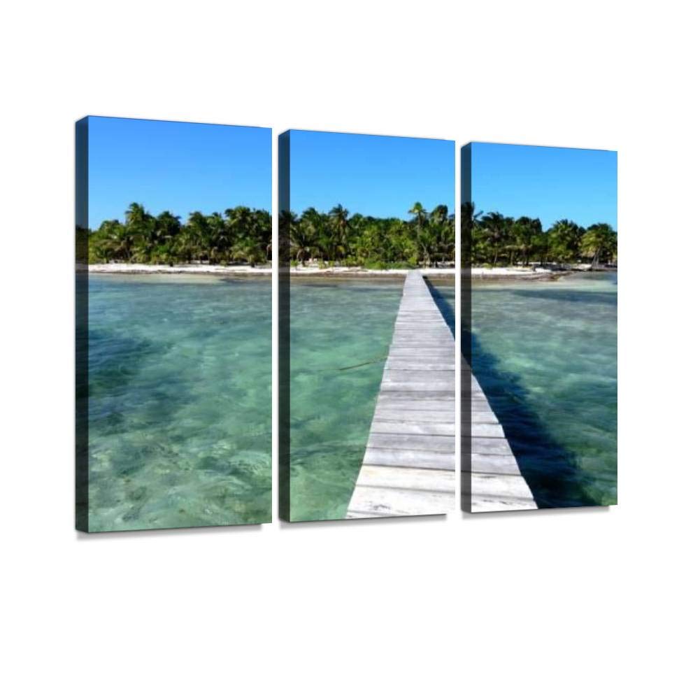 Belize Island Paradise Blue Tropical Seascape Canvas Wall Art - 3 Panel Beach Painting for Living Room & Bedroom Decor - Ocean Themed Home Wall Decor Posters | Perfect for Coastal, Boho & Vacation Style Interiors