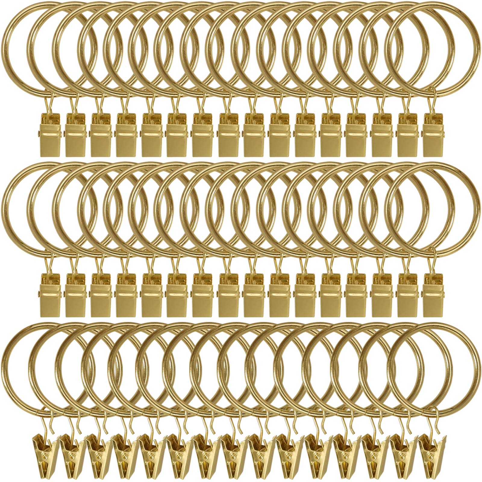 60 Pack Gold Metal Curtain Rings with Clips - 1.5 Inch Interior Diameter Drapery Hooks for Hanging Drapes, Bows & Curtain Rods - Perfect for Living Room, Bedroom & Window Decor