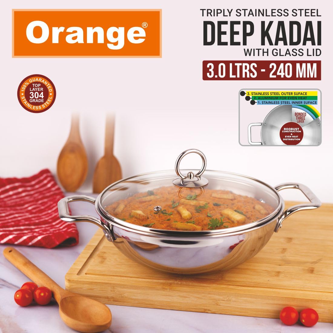 Premium Orange Triply Stainless Steel Cookware Set - 3-Piece Induction Compatible Combo (24cm Deep Kadai, 22cm Fry Pan with Tempered Glass Lid) | Durable & Even Heating | Perfect for Indian Cooking, Stir-Frying & Family Meals