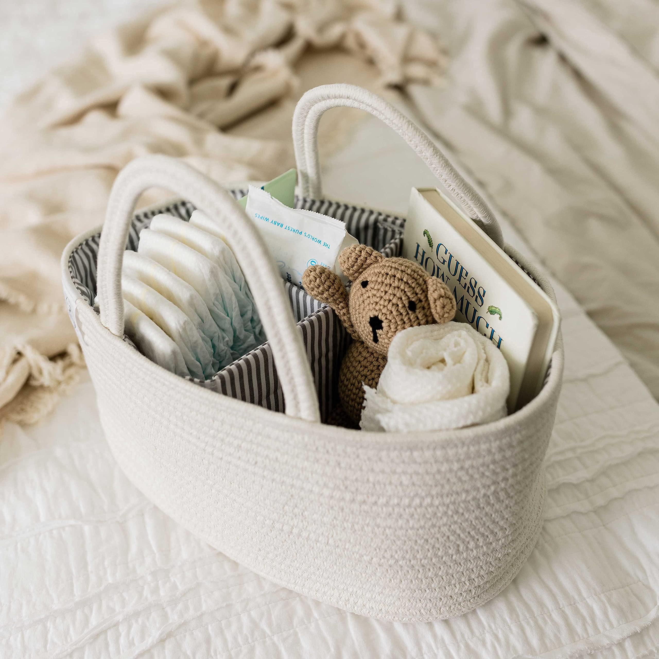 OrganiHaus Rope Diaper Caddy Basket - Baby Changing Organizer with Dividers & Handles, Nursery Storage Basket for Newborn Essentials | Perfect Baby Shower Gift & Changing Table Organizer (White) - Ideal for Diaper Storage, Baby Wipes, Lotions & Nursery Organization