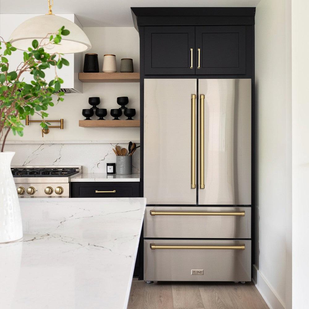 ZLINE Autograph Edition 36 Inch Counter Depth French Door Refrigerator - 22.5 cu ft Capacity with Ice Maker, Fingerprint Resistant Stainless Steel & Polished Gold Handles (RFMZ 36 G) - Perfect for Modern Kitchens & Open Concept Homes