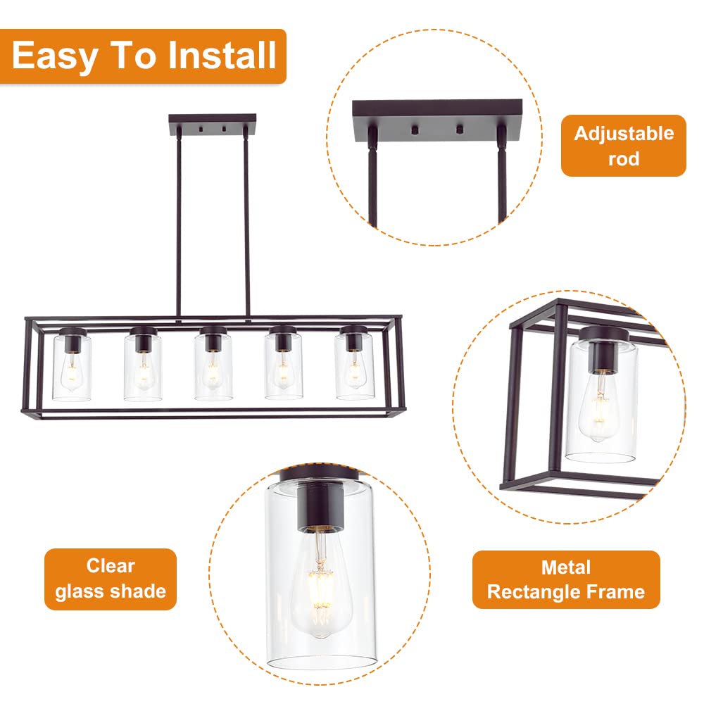 VINLUZ 5-Light Modern Linear Kitchen Island Chandelier - Oil Rubbed Bronze Cage Pendant Light with Clear Glass Shades - Farmhouse Ceiling Lighting Fixture for Dining Room, Living Room & Kitchen Island Decor