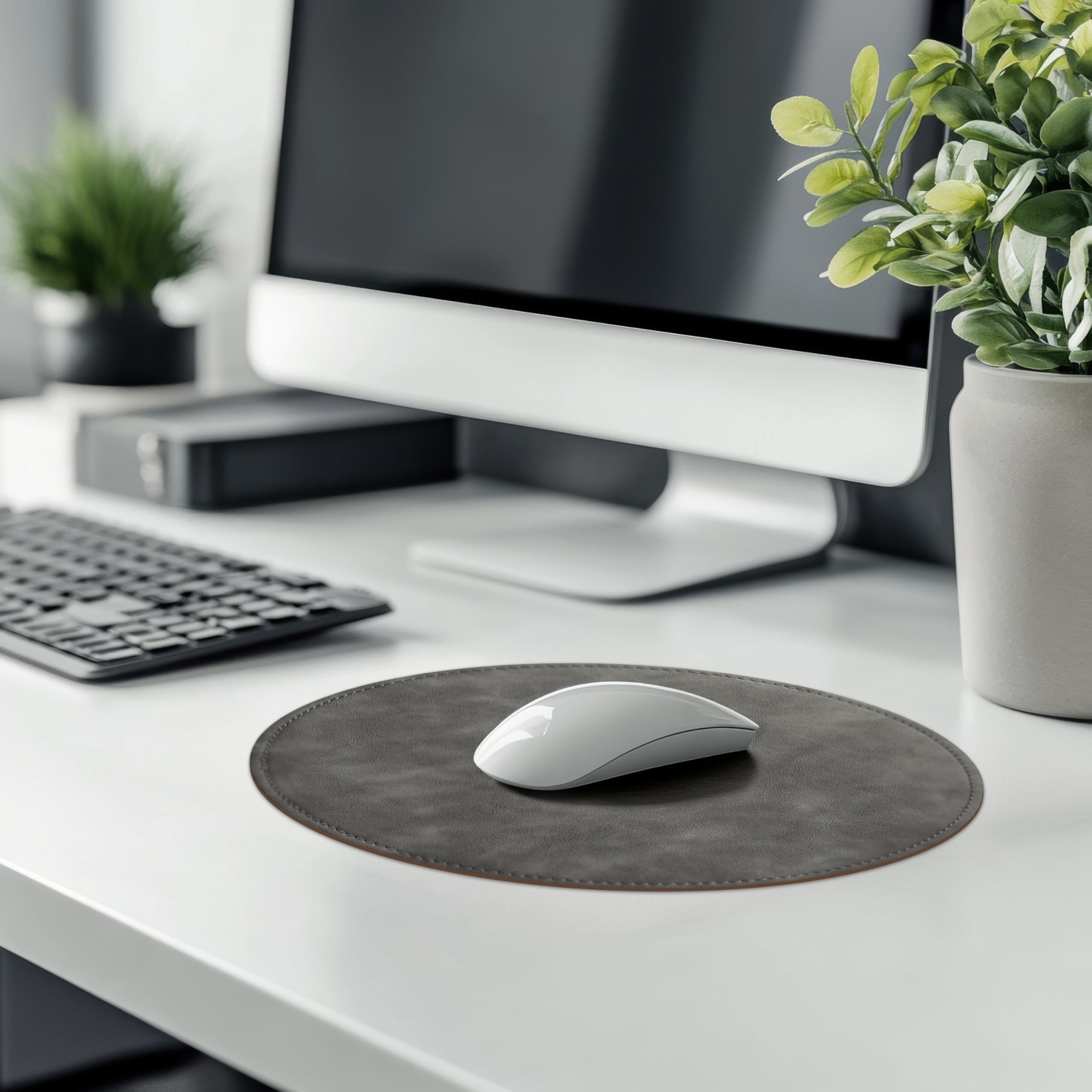 Premium Round PU Leather Mouse Pad with Stitched Edge & Non-Slip Micro-Fiber Base - Waterproof Desk Mat for Computer, Laptop, Gaming (9x9 Inch, Gray) - Perfect for Office, Home & Workspace Setup