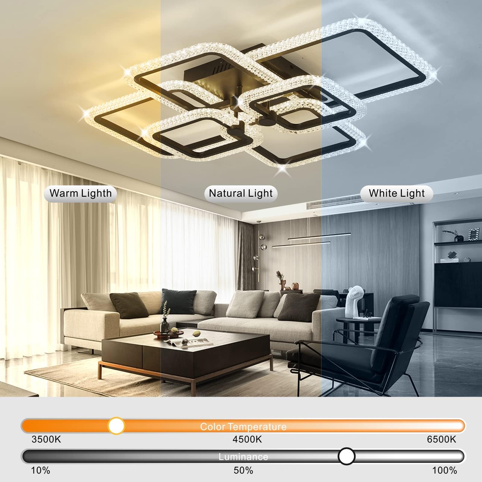 Modern LED Ceiling Light Fixture - Crystal Dimmable Flush Mount with Remote Control, 6 Square Frame Design for Living Room, Dining Room & Kitchen | Perfect for Home Decor, Ambient Lighting & Energy Saving