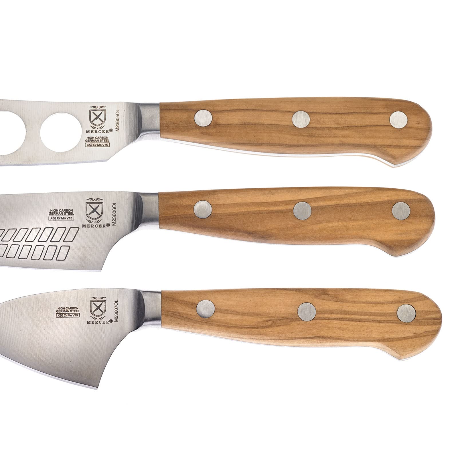 Premium Mercer Culinary Renaissance Olive Wood Cheese Knife Set - 3-Piece Handcrafted Cheese Cutting Board & Knives for Entertaining, Charcuterie Boards & Gourmet Cheese Platters