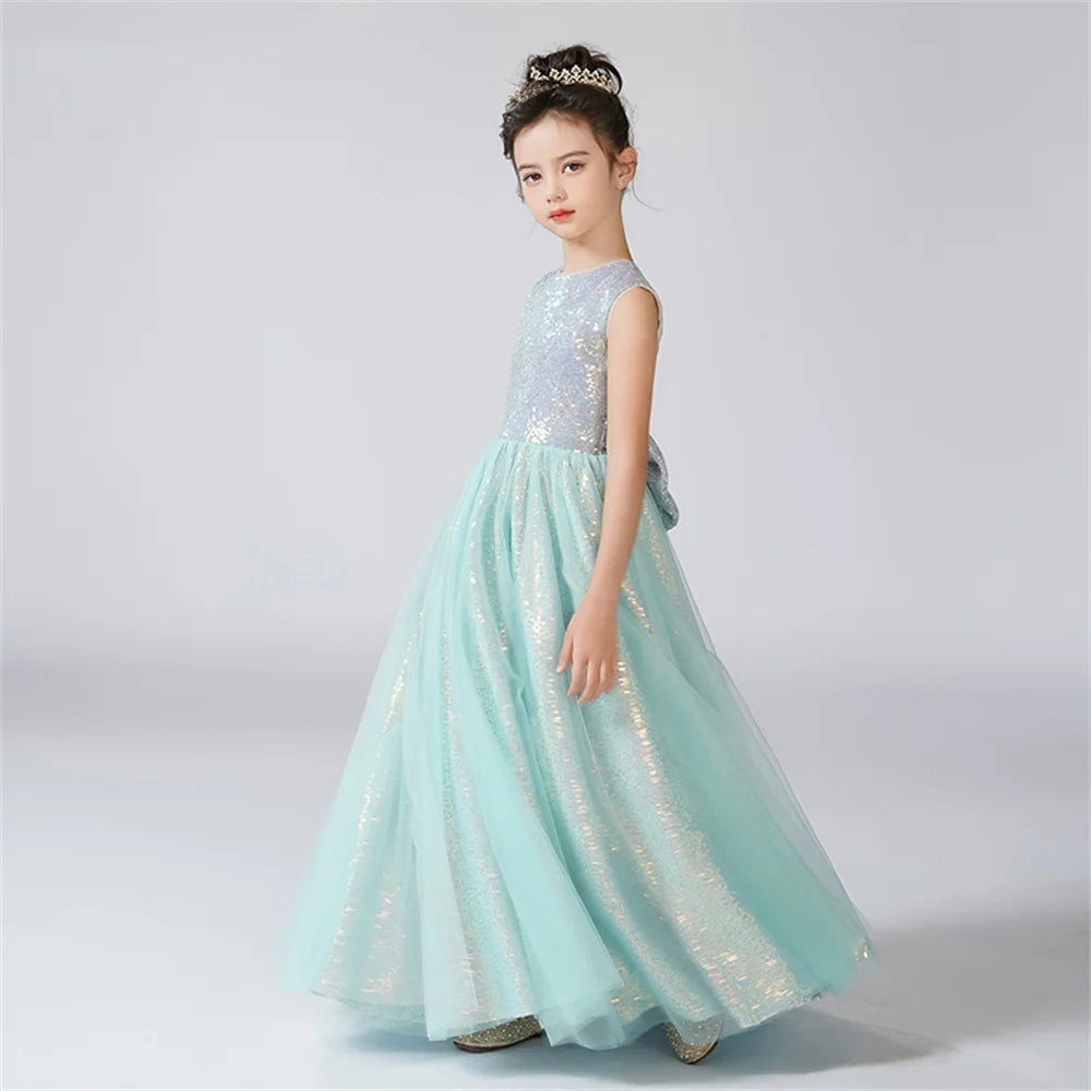 Shiny Flower Tulle O-Neck Sleeveless Flower Girl Dress for Birthday Parties, Weddings & Formal Events - Perfect for Pageants, First Communion & Special Occasions