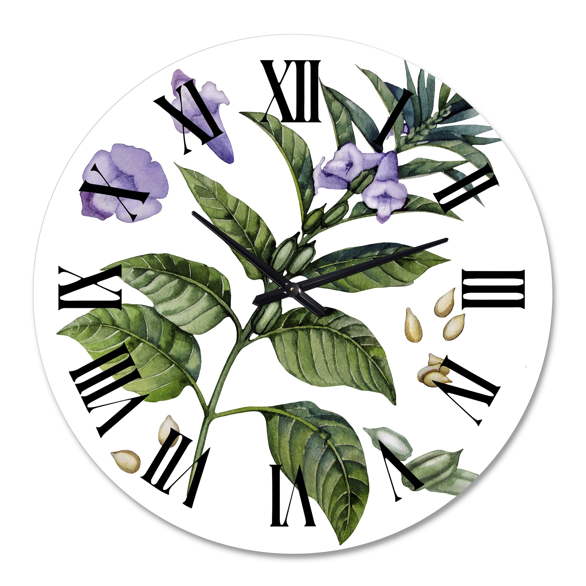 DesignQ Traditional Wall Clock - Purple Sesame Flowers with Green Leaves Floral Decor | Large Botanical Wall Clock for Living Room, Bedroom & Office | Silent Non-Ticking Home Décor
