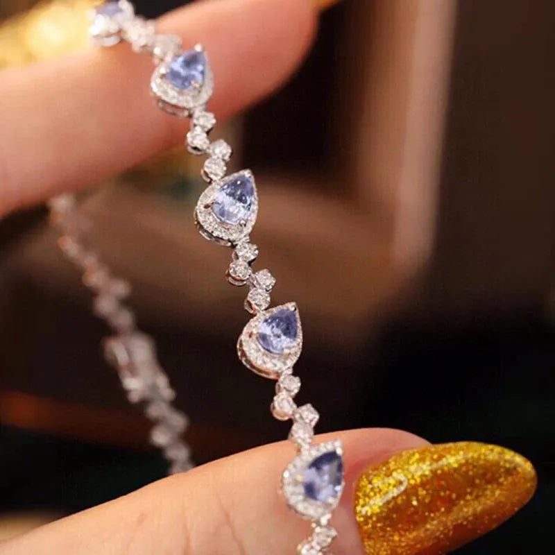 18K Solid White Gold Blue Sapphire & Diamond Bracelet for Women - Elegant Fairy Design, Perfect for High-Class Banquets & Special Occasions