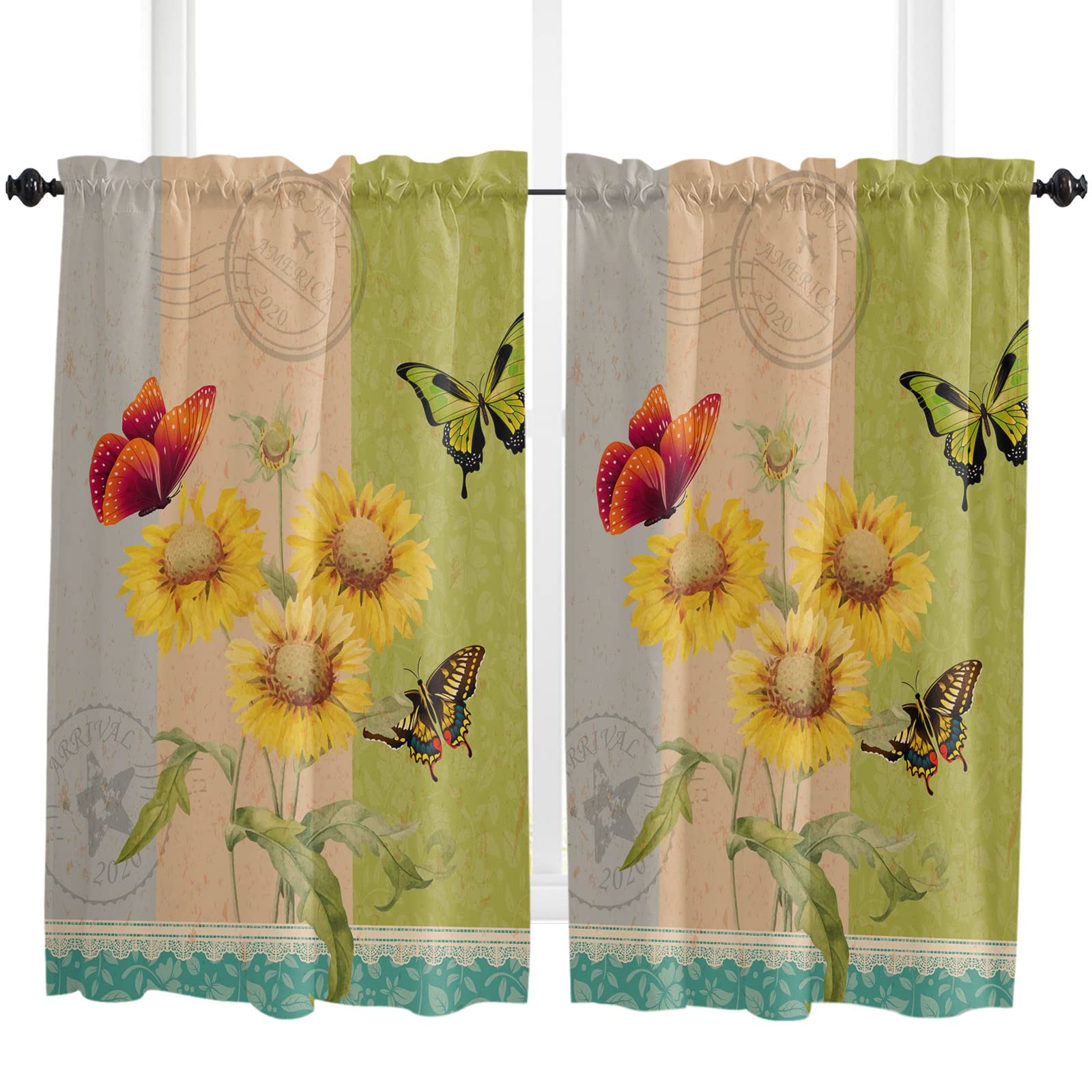Greday Retro Postmark Butterflies Sunflowers Lace Rod Pocket Cafe Curtains - 54 Inch Short Window Drapes for Living Room, Bedroom, Kitchen & Bathroom | Perfect for Vintage Home Decor & Small Windows