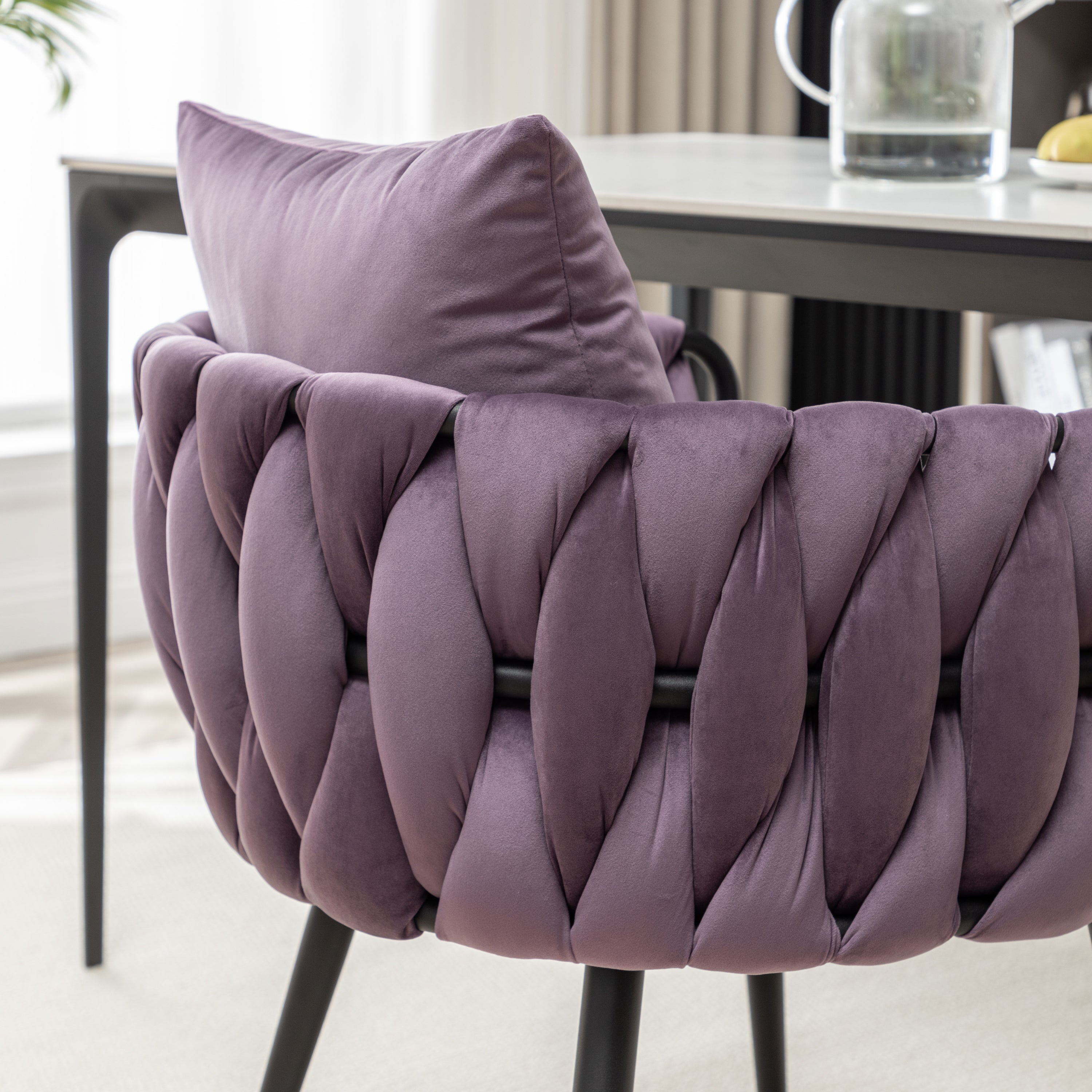 Dark Purple Velvet Dining Chairs Set of 2 - Modern Hand-Woven Upholstered Accent Chairs with Black Metal Legs for Living Room, Kitchen, Dining Room & Vanity - Perfect for Entertaining, Relaxing & Home Decor