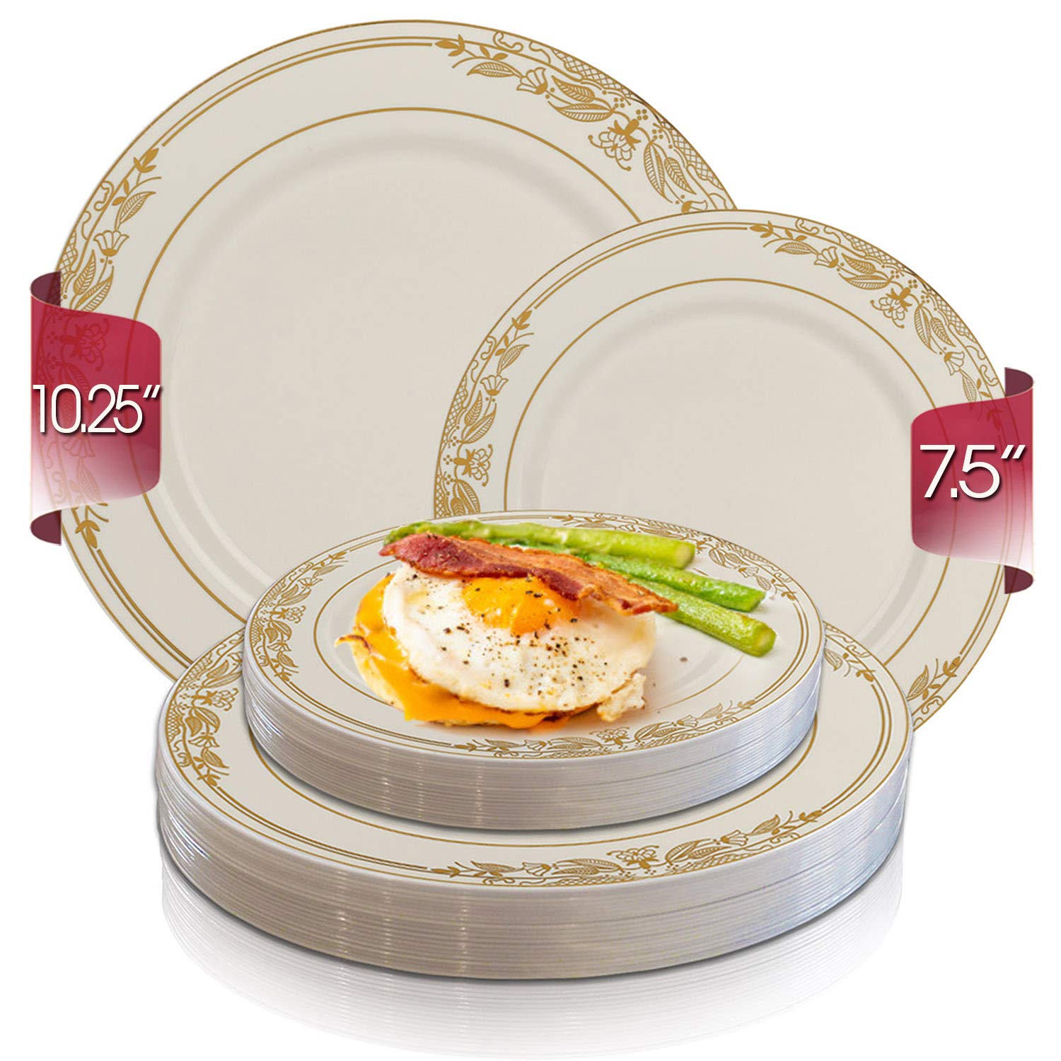 Elegant Disposable Plastic Dinnerware Set for 120 Guests - Gold Trim Ivory Round Dinner Plates & Dessert/Salad Plates - Premium Plastic Party Plates for Weddings, Thanksgiving, Birthday Parties & Special Events - Perfect for Catering, Buffets, and Large Gatherings