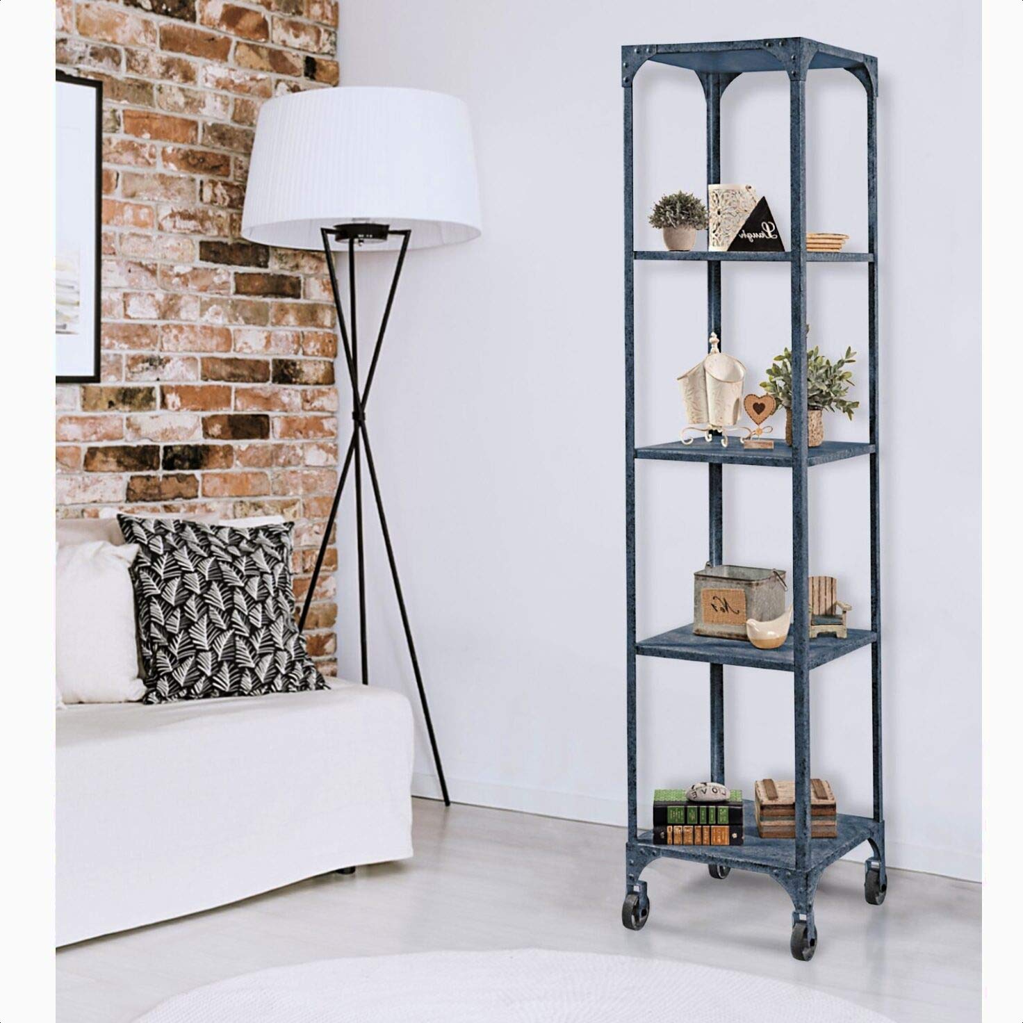 Japheth Pier Tower Etagere Bookcase - Distressed Metal Shelf Book Organizer for Living Room, Office & Bedroom Storage