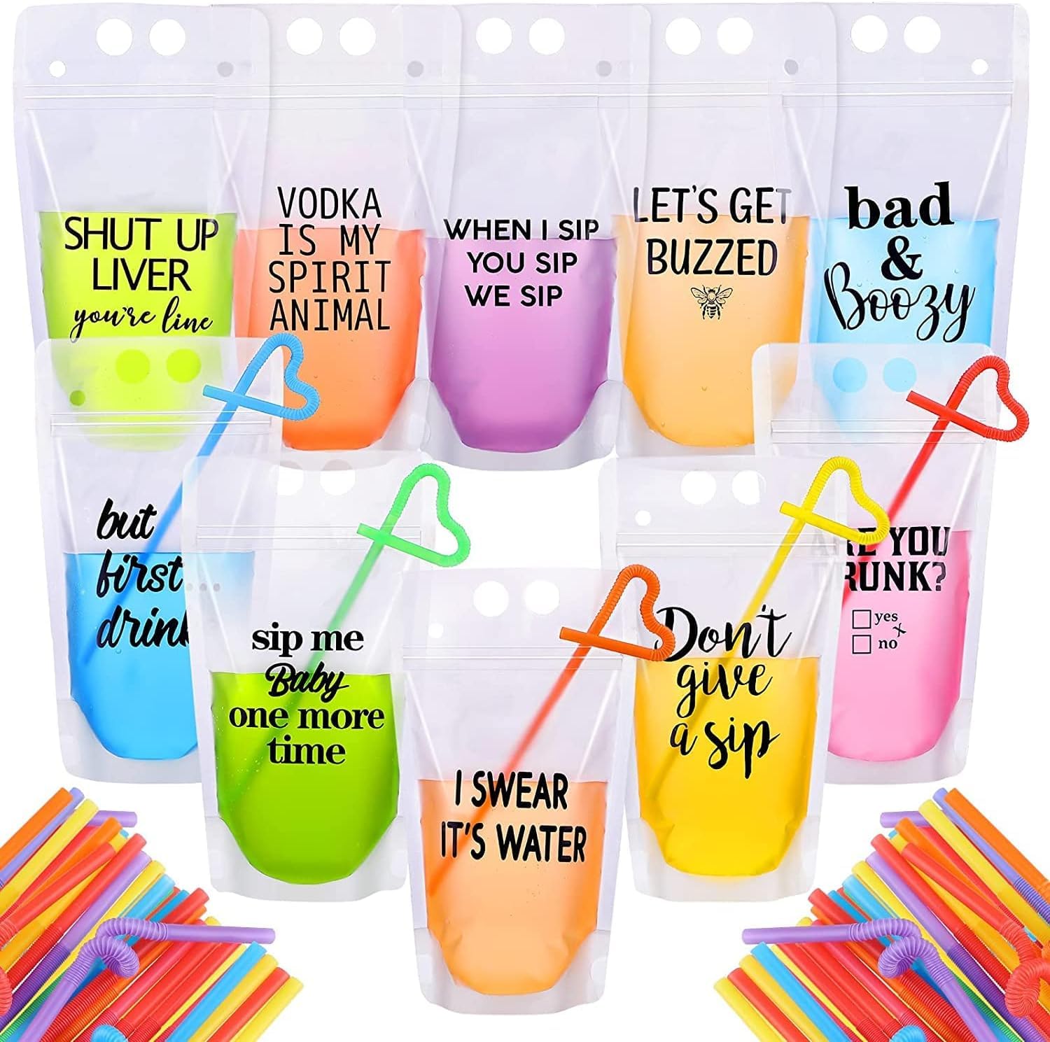 100Pcs Heavy-Duty Double Zipper Drink Pouches with 100 Straws & 30 Popsicle Bags - Foldable Leakproof Beverage Bags for Smoothies, Cold & Hot Drinks - Perfect for Parties, Picnics, Food Trucks and On-the-Go Refreshments