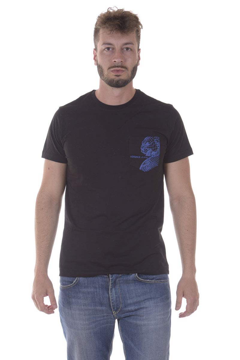 Versace Jeans Logo Crew Neck T-Shirt for Men - 100% Cotton Classic Fit Casual Tee in Black & Blue | Perfect for Everyday Wear, Street Style & Lounge Outfits