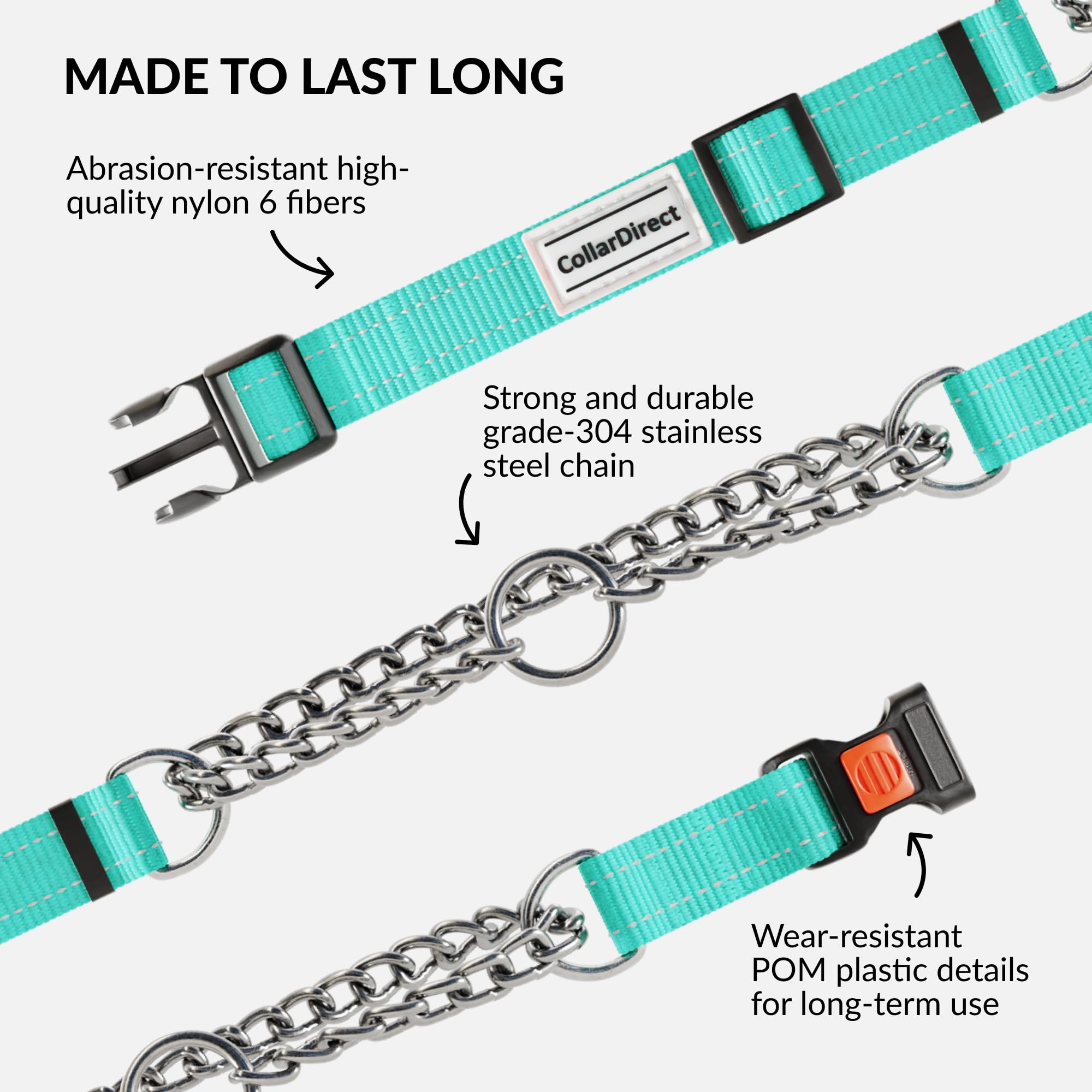 Martingale Dog Collar with Stainless Steel Chain & Quick Release Buckle - Reflective Adjustable Collar for Small Medium Large Dogs (12