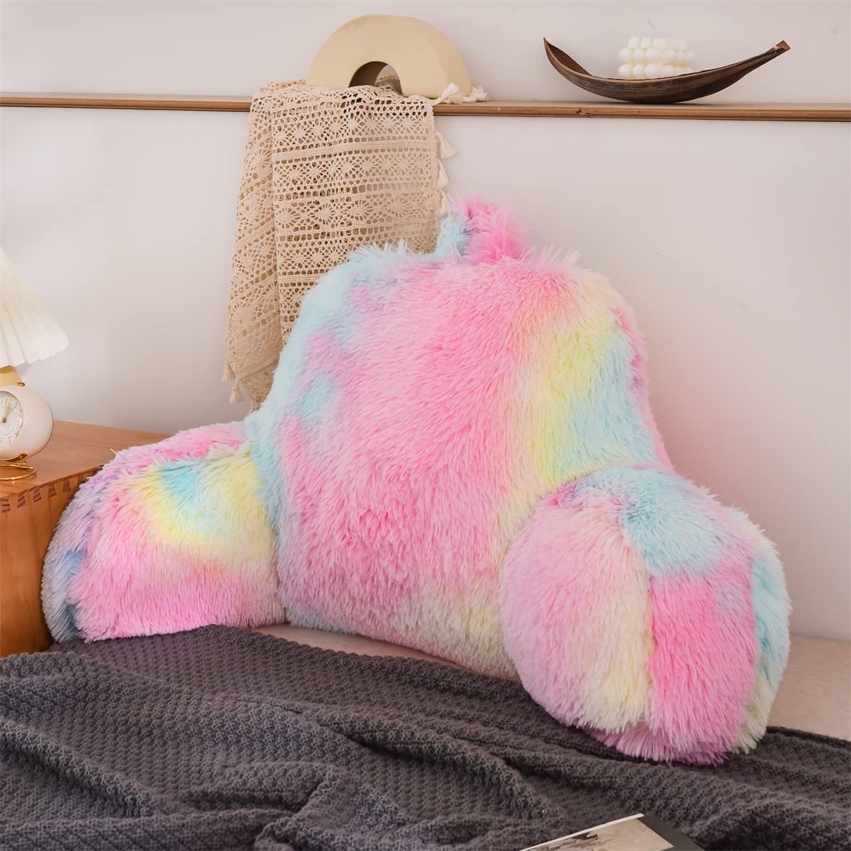 NTBED Faux Fur Reading Pillow with Arms - Adjustable Bed Wedge Backrest for Kids, Teens & Adults - Comfortable Back Support Cushion for Reading, Watching TV, Relaxing in Bed or on Couch (Multiple Colors)