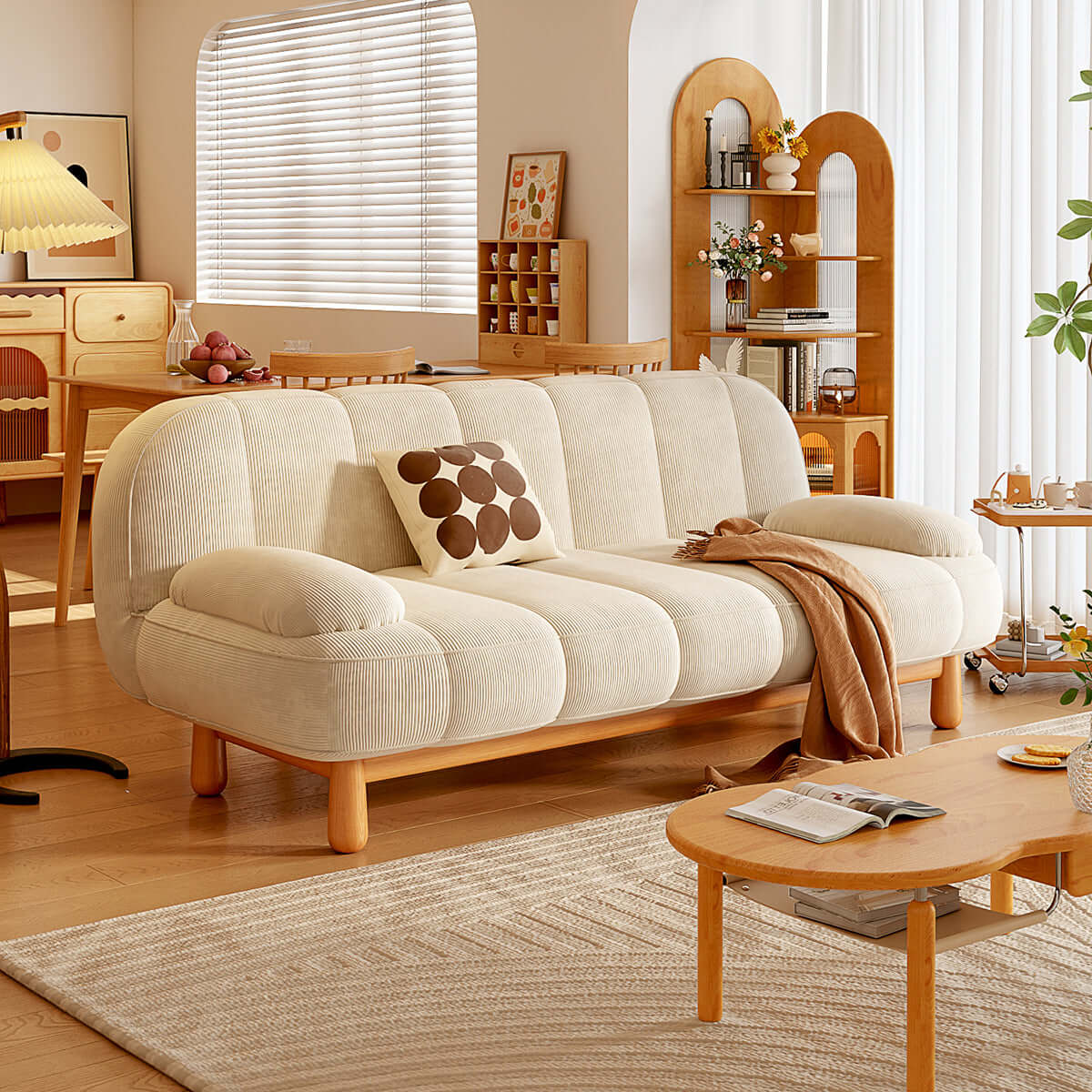 Modern Japandi Loveseat Folding Sofa Bed - Cream White & Green Corduroy Fabric - Space Saving Convertible Sleeper for Small Apartments, Guest Rooms & Home Offices