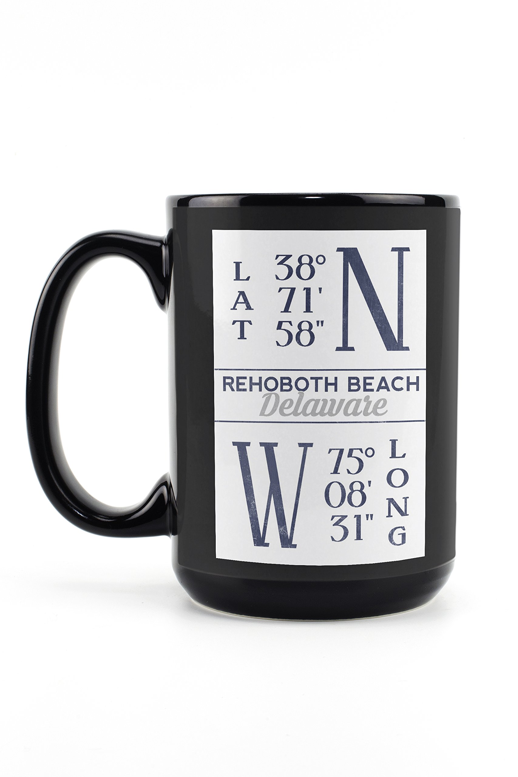 Lantern Press Rehoboth Beach Delaware Latitude Longitude Blue 15oz Black Ceramic Coffee Mug - Microwave & Dishwasher Safe - Perfect for Home, Office & Travel