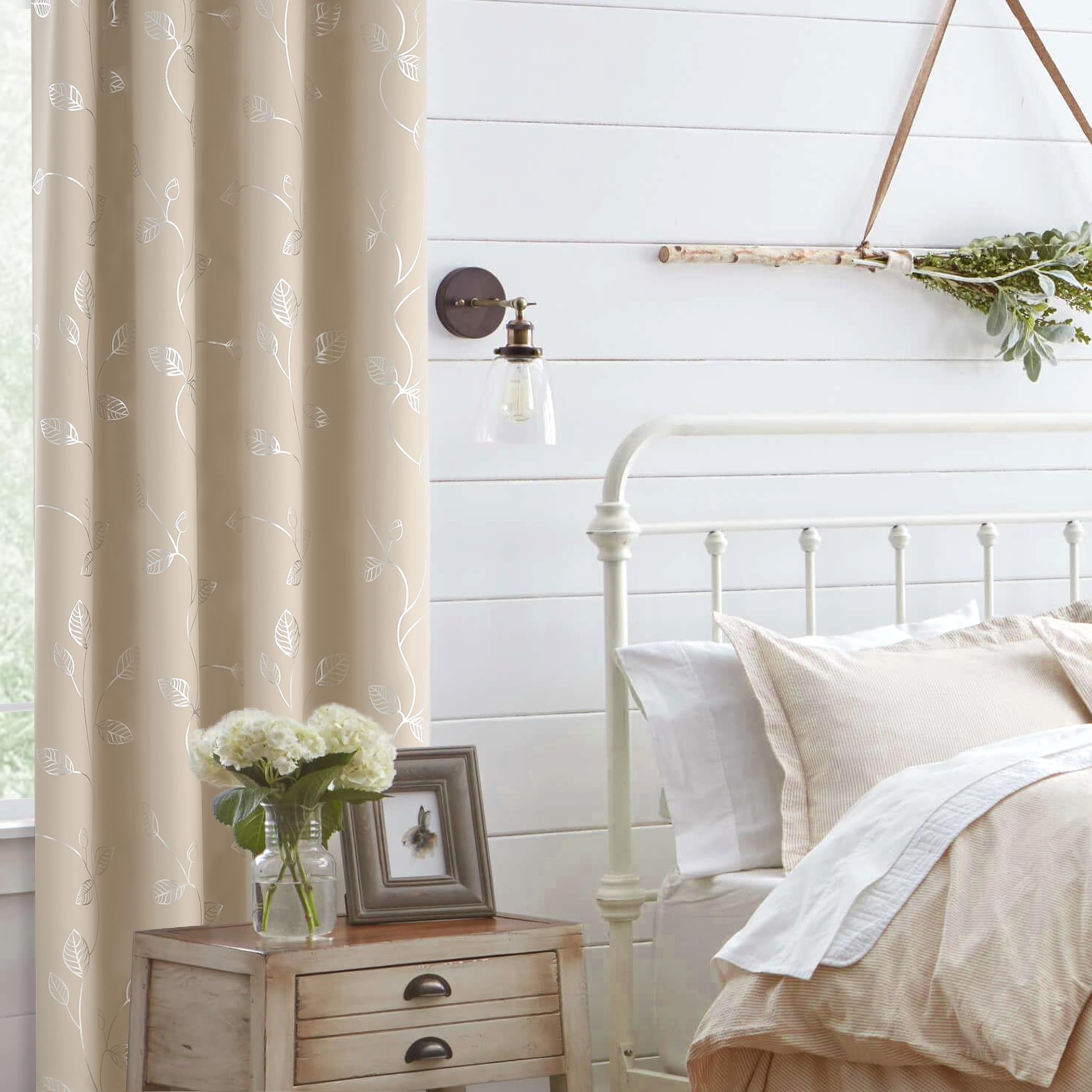 BUHUA 52 x 84 Inch Blackout Curtains for Bedroom - Beige Leaf Pattern Thermal Insulated Window Drapes (Set of 2 Panels) | Noise Reducing & Energy Saving for Home, Nursery & Living Room