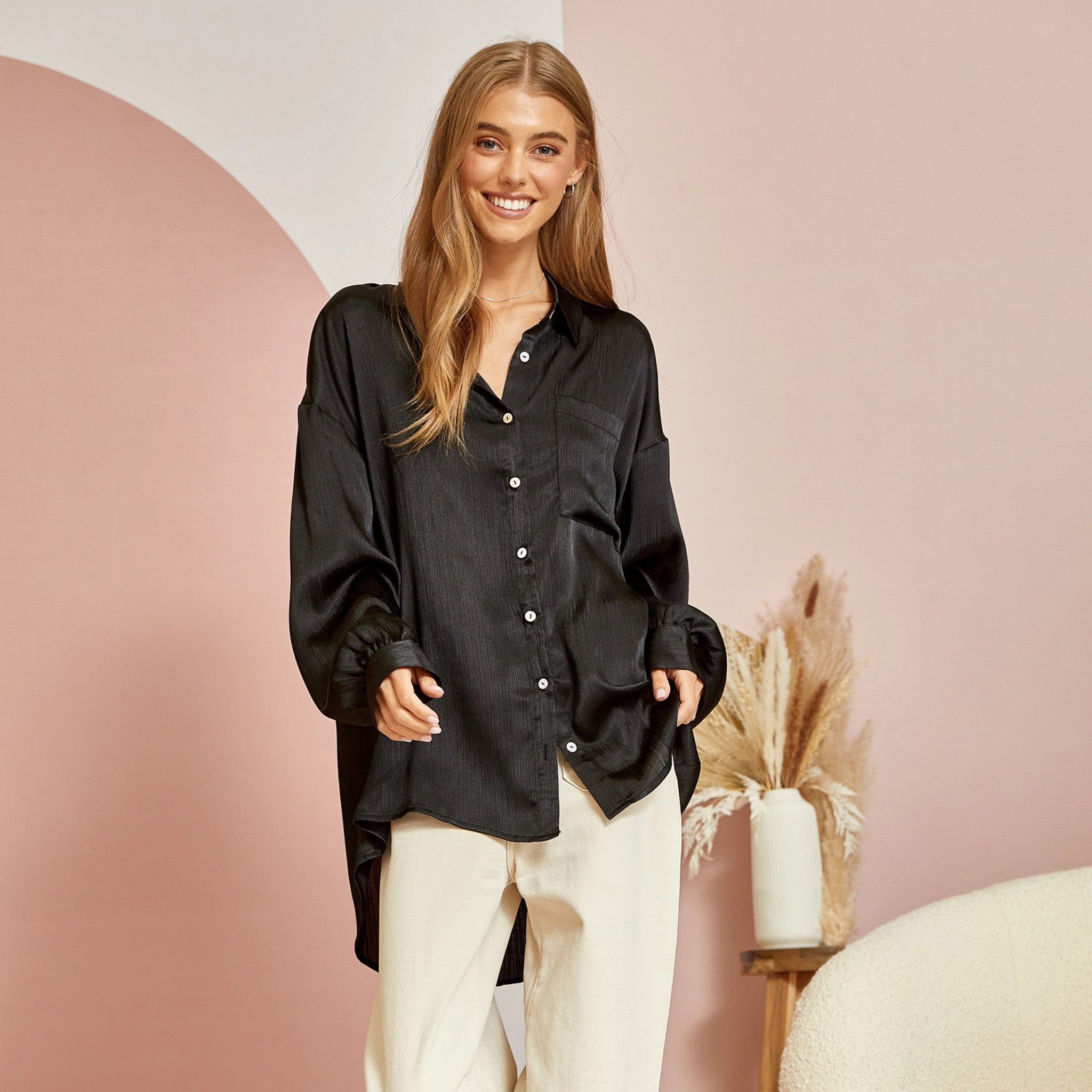 Andree Women's Black Shiny Blouse - Elegant Long Sleeve Button Up Shirt for Office, Party & Formal Events | Plus Size & Petite Options Available