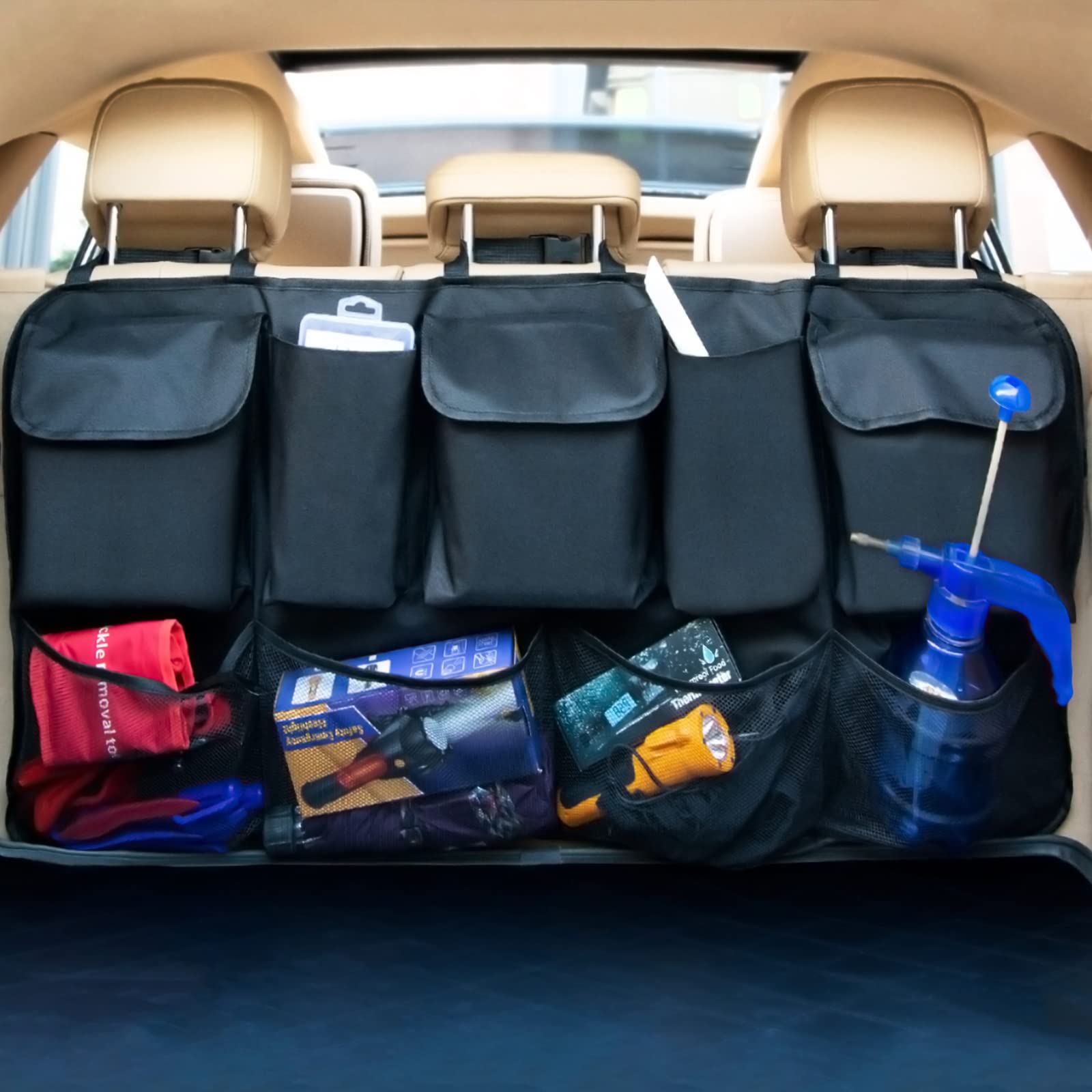 EldHus Black Rear Car Organizer - Trunk & Back Seat Storage with Multiple Pockets | Durable Cloth Material | Perfect for Road Trips, Family Travel & Daily Commute