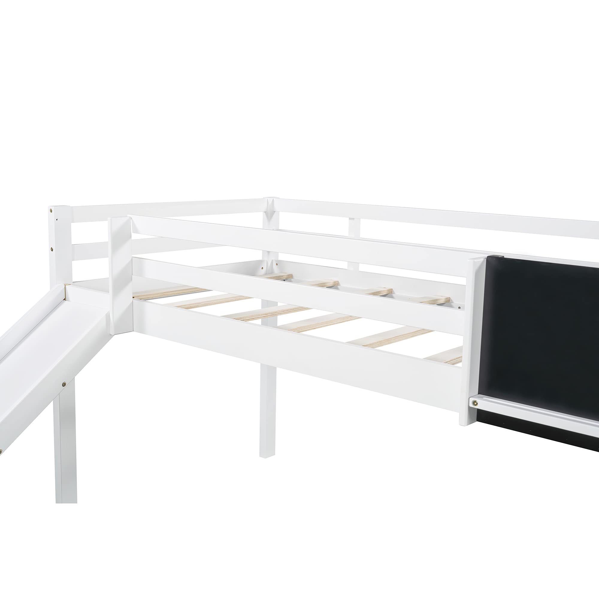 Low Loft Bed with Slide for Kids - Twin Size Wooden Loft Bed Frame with Chalkboard, Guardrails & Ladder - Space Saving Children's Bed for Boys, Girls & Teens - Perfect for Small Bedrooms, Playrooms & Dorm Rooms - White