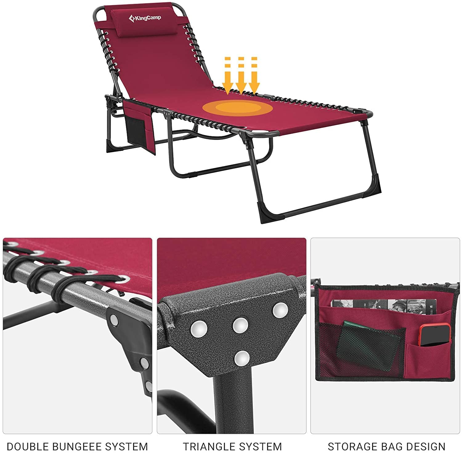 KingCamp Outdoor Chaise Lounge Chair - Foldable Patio Sun Chair for Camping, Beach, Pool & Garden - Heavy Duty, Lightweight & Portable with Adjustable Backrest & Pillow - Perfect for Sunbathing, Relaxing in Yard, Lawn or Backyard