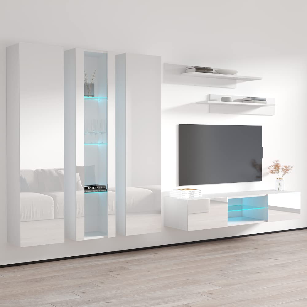 Modern Floating TV Stand with Storage & LED Lights - Wall-Mounted Entertainment Center for Bedroom & Living Room - White Meble Furniture Fly C4 33