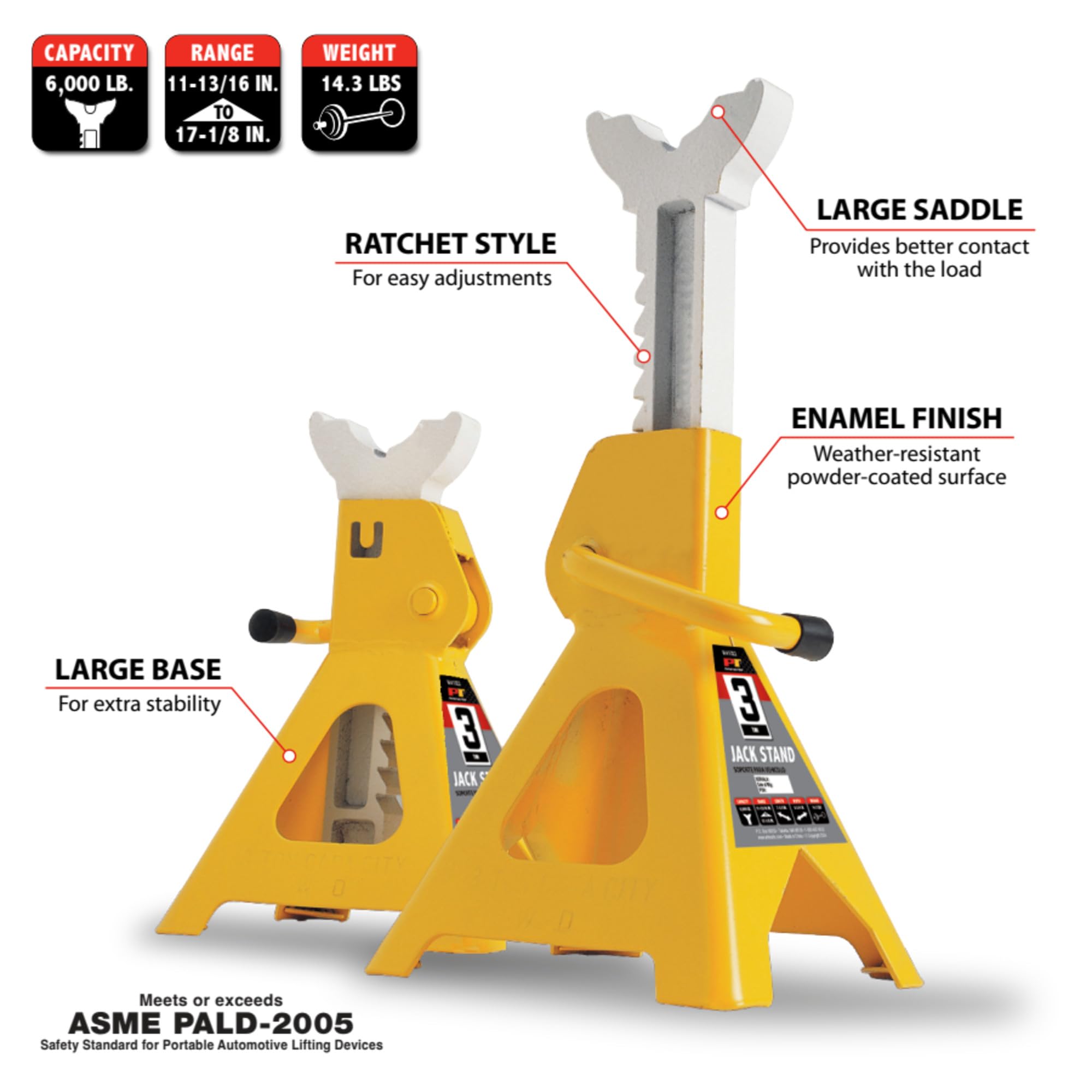 3-Ton Yellow Ratchet Jack Stand Set - Performance Tool W41022 for Safe Vehicle Lifting & Maintenance | Ideal for Car Repair, Oil Changes & Tire Rotations