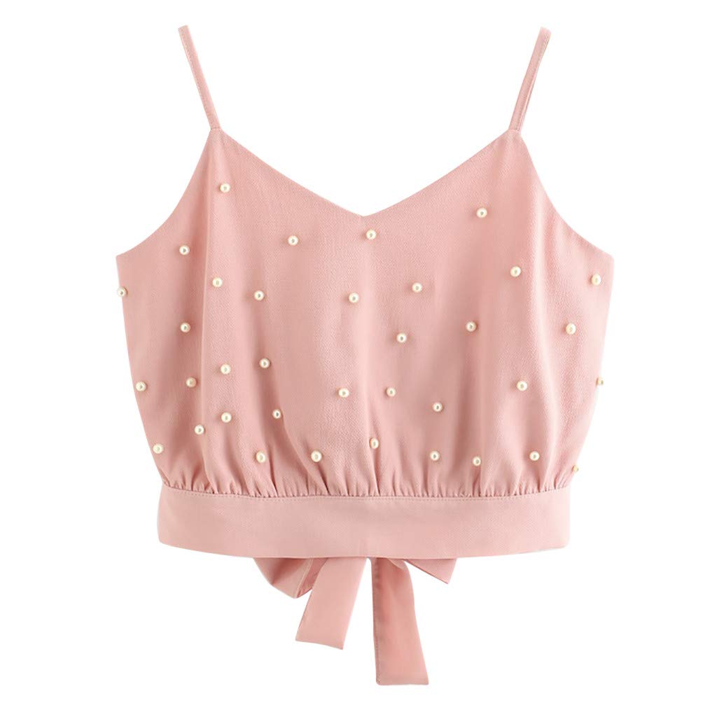 Sexy Pink Chiffon Camisole Top for Women - Pearl Beaded Sleeveless Summer Crop Top - Perfect for Beach, Party & Casual Outfits