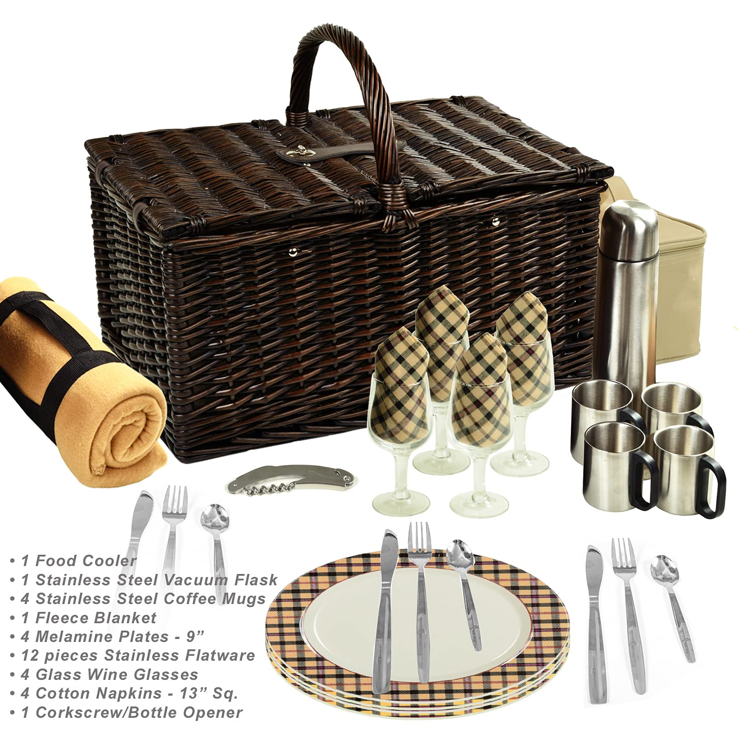 Premium Willow Picnic Basket Set for 4 - Includes Blanket & Coffee Service - Handcrafted in USA | Perfect for Outdoor Dining, Beach Picnics & Romantic Getaways