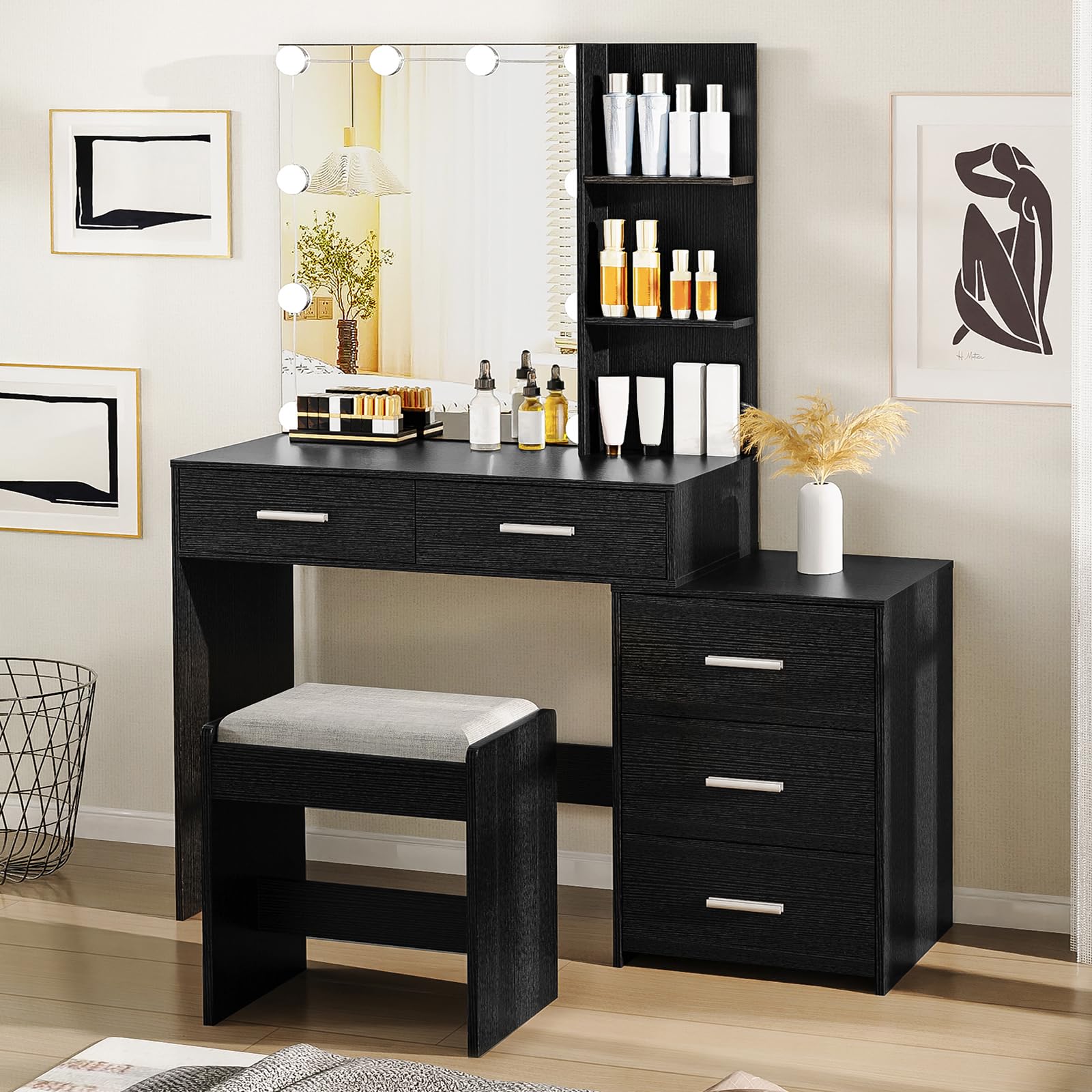 USIKEY 43.5 Inch Large LED Makeup Vanity Desk Set with Mirror, 10 Adjustable Lights, 5 Storage Drawers & Stool - Modern Dressing Table with Shelves for Women & Girls (Black) | Perfect for Bedroom, Dorm Room & Beauty Salon Organization